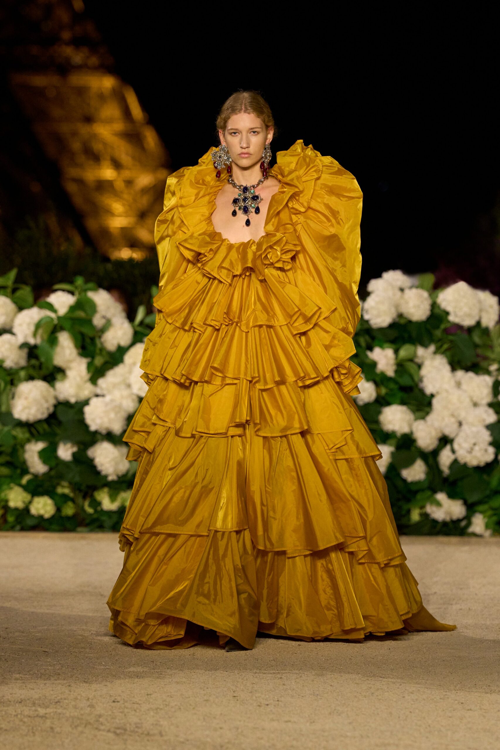 yellow ruffled maxi gown