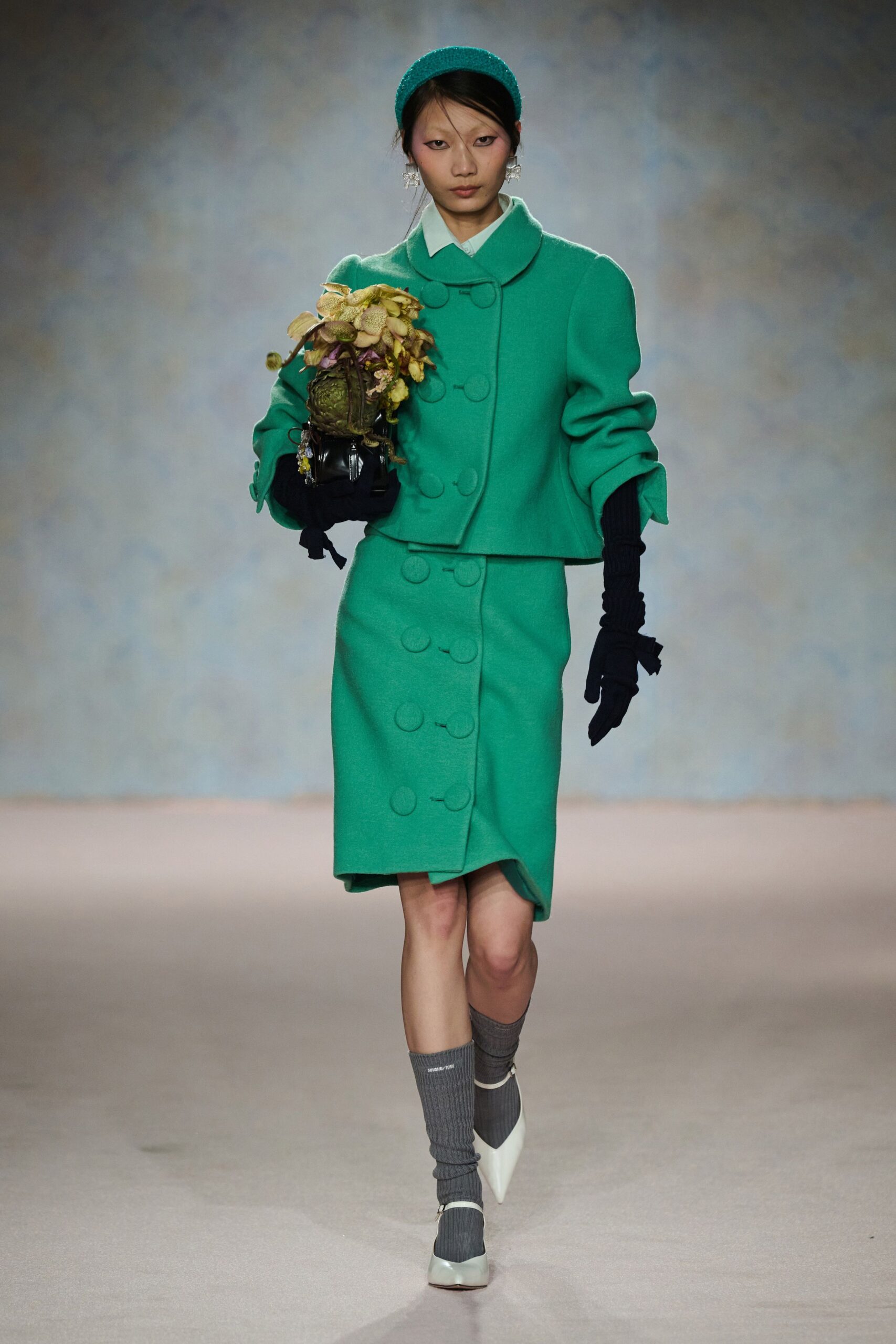 green wool collared fitted buttoned straight-leg midi skirt