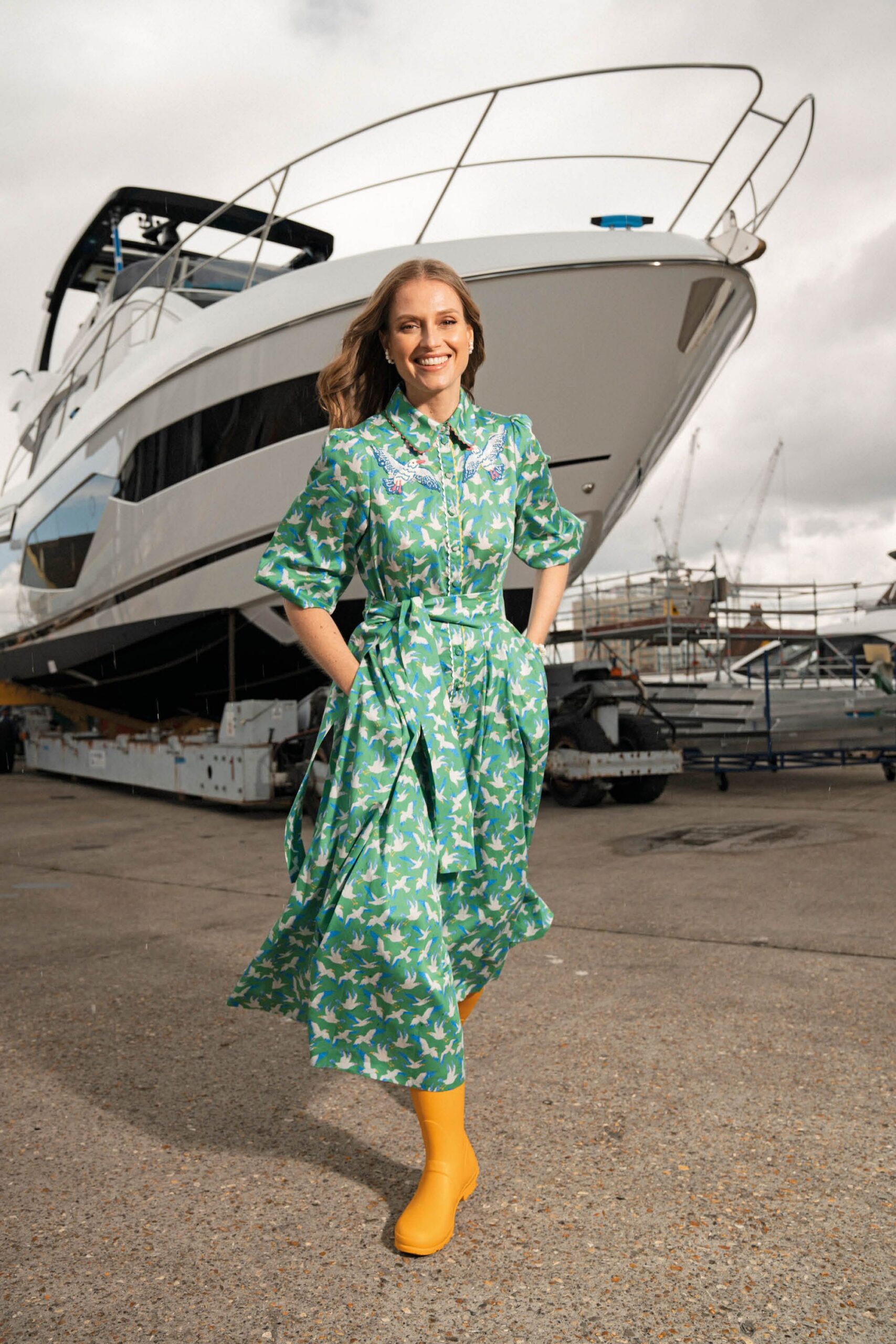 green floral midi dress with yellow shoes
