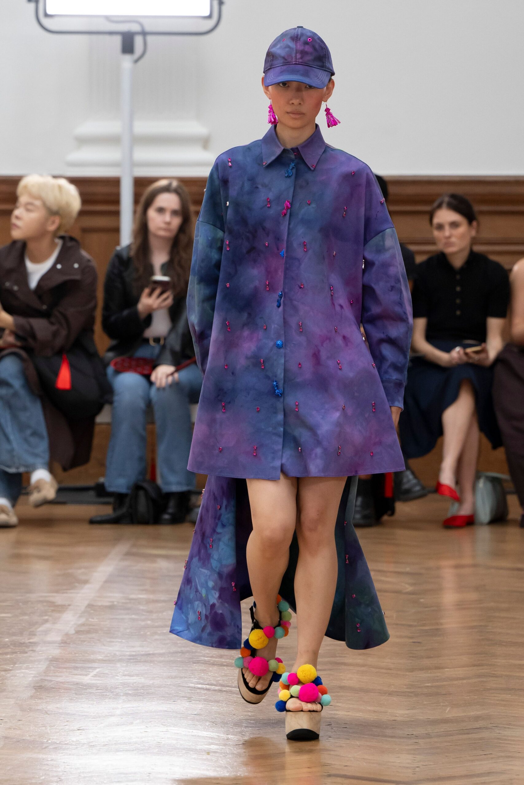 purple cotton long-sleeve collared relaxed embroidered draped shirt-dress