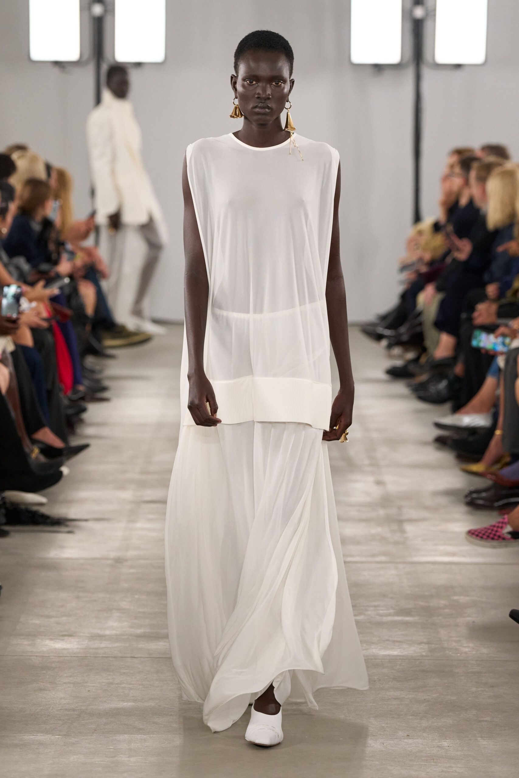 white silk sleeveless high-neck relaxed layered dress