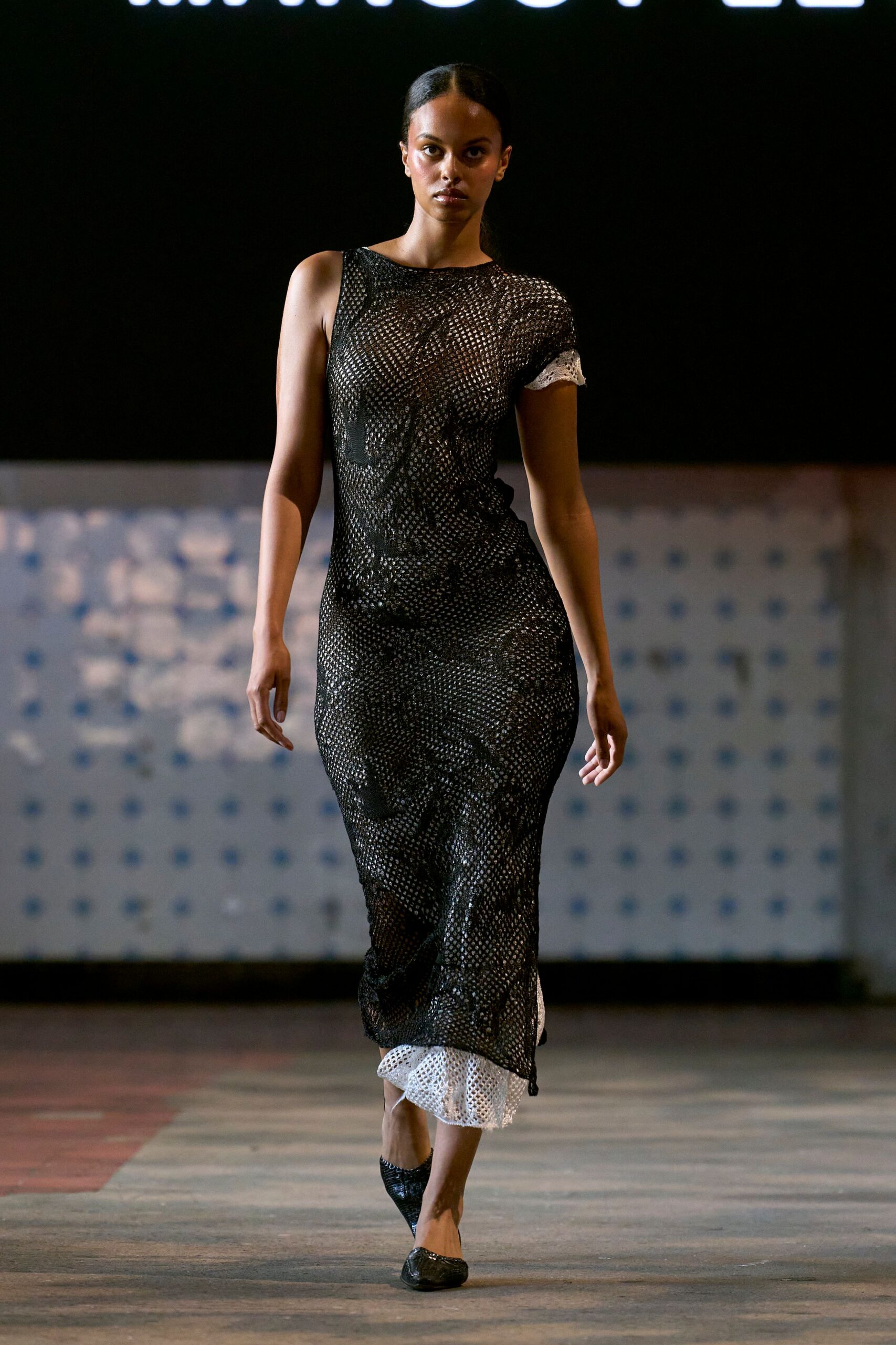 black mesh sleeveless v-neck fitted layered textured dress