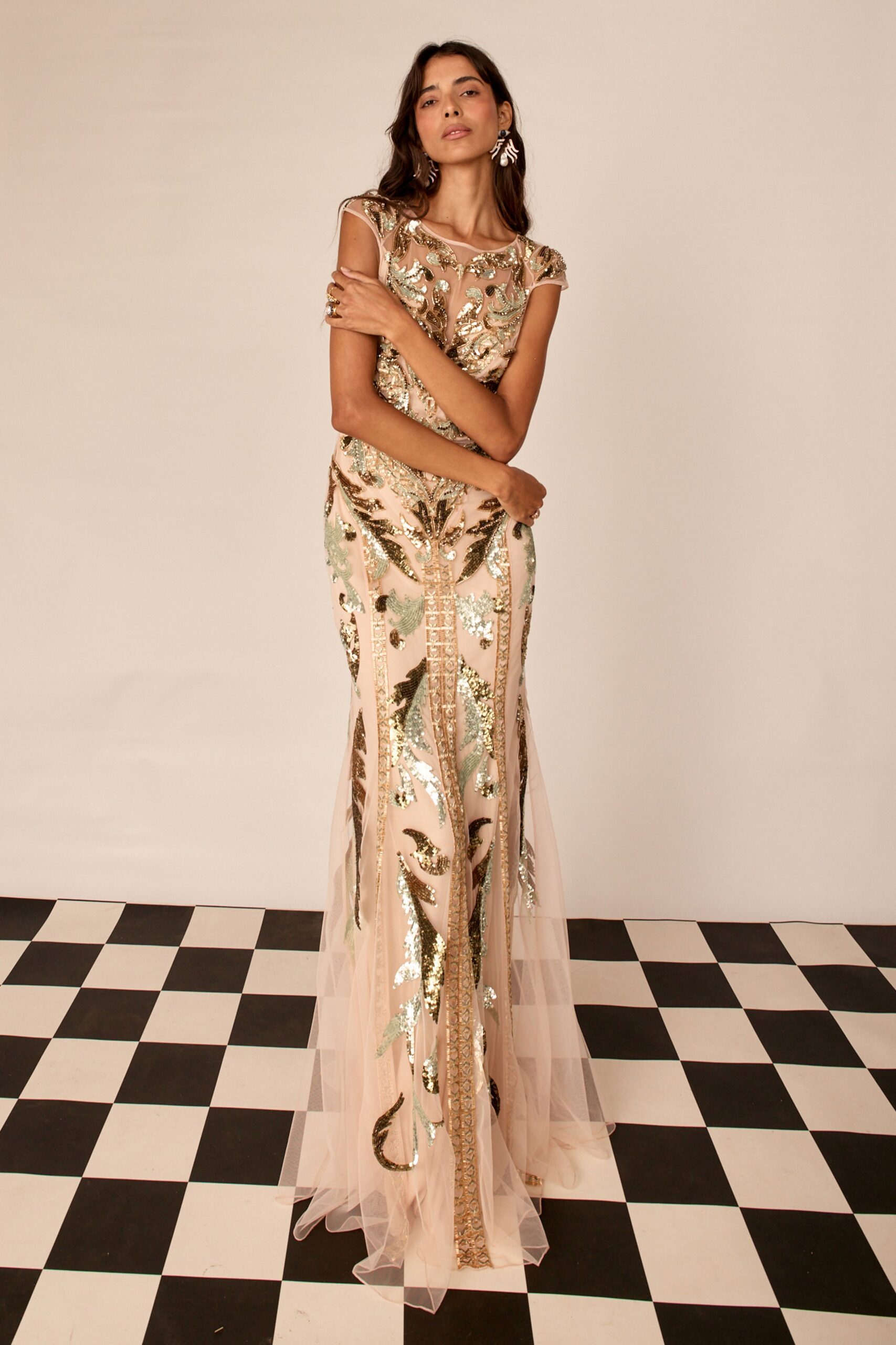 pink gold embroidered gown