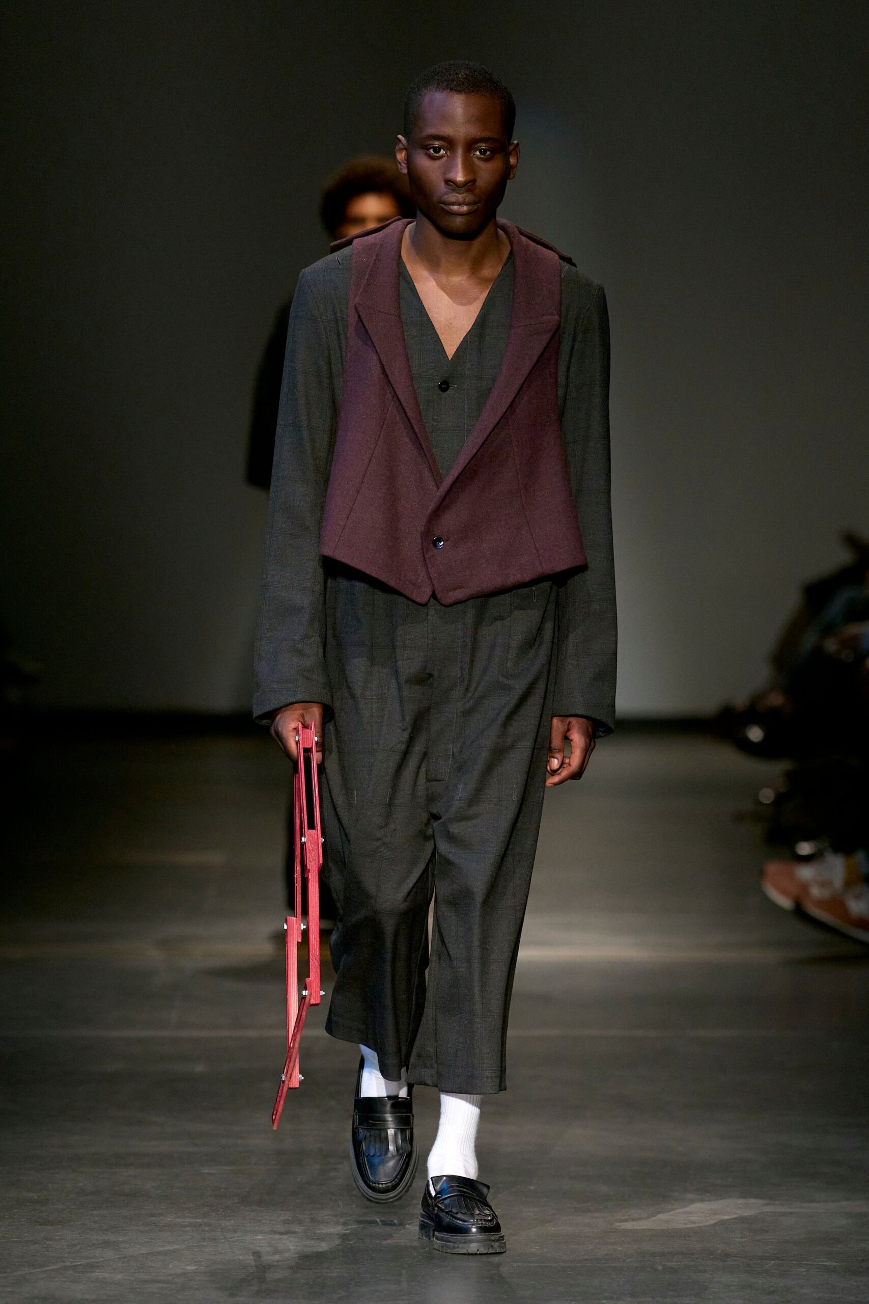 maroon tailored vest gray pants