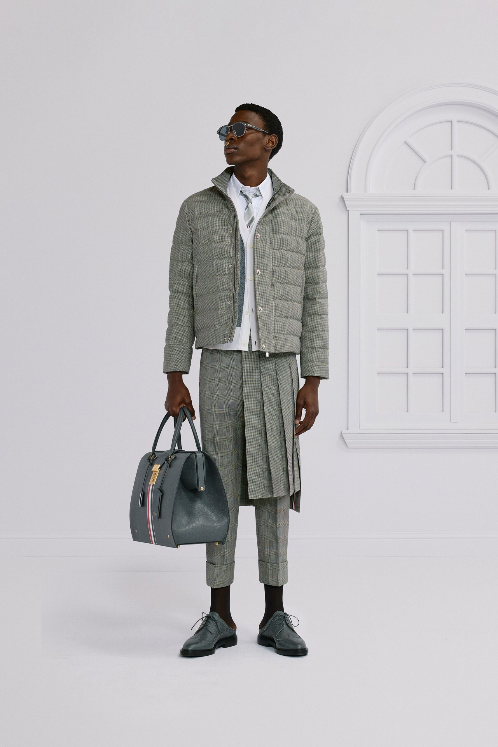 gray jacket white shirt tailored pants
