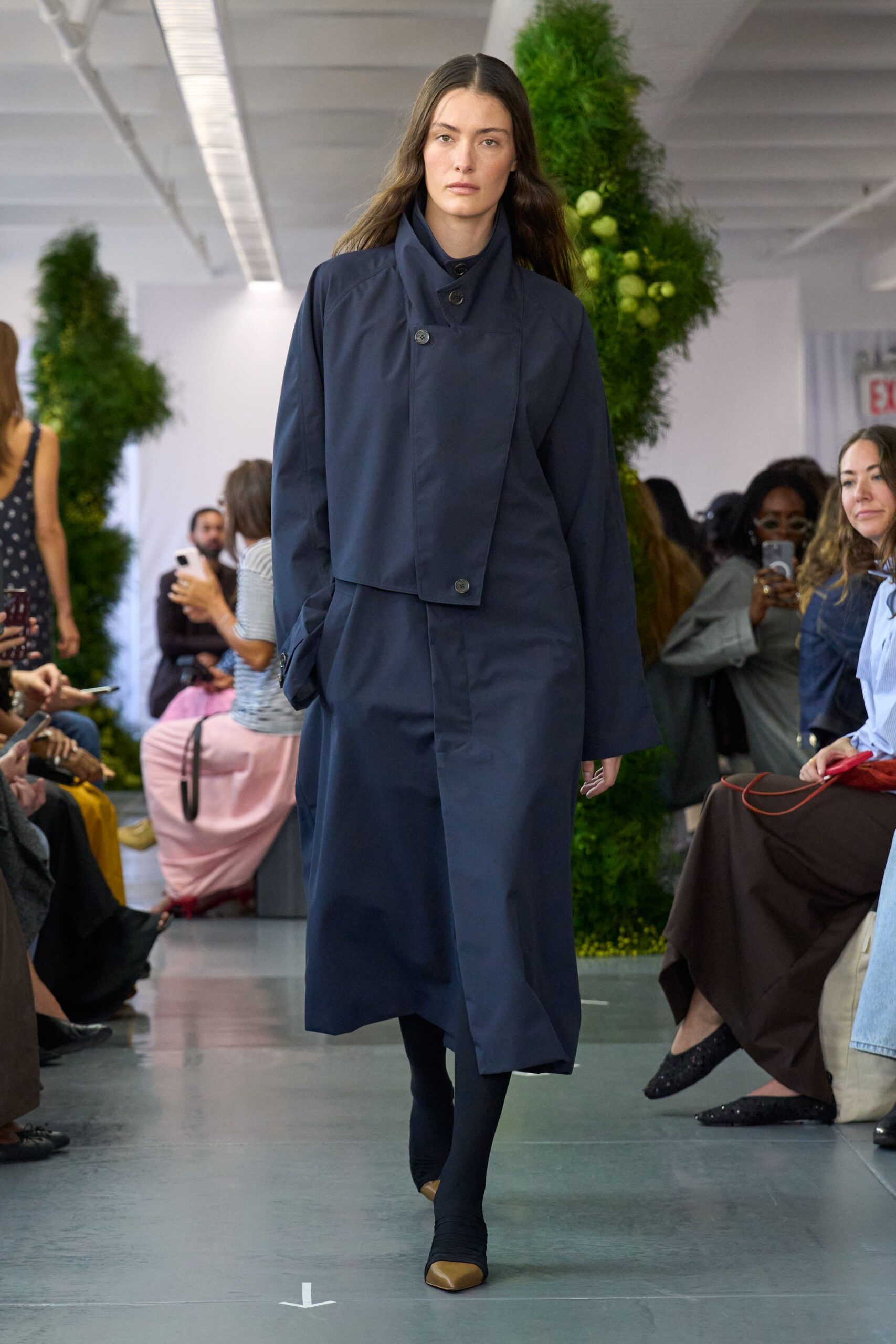blue cotton long-sleeve collared relaxed buttoned midi coat