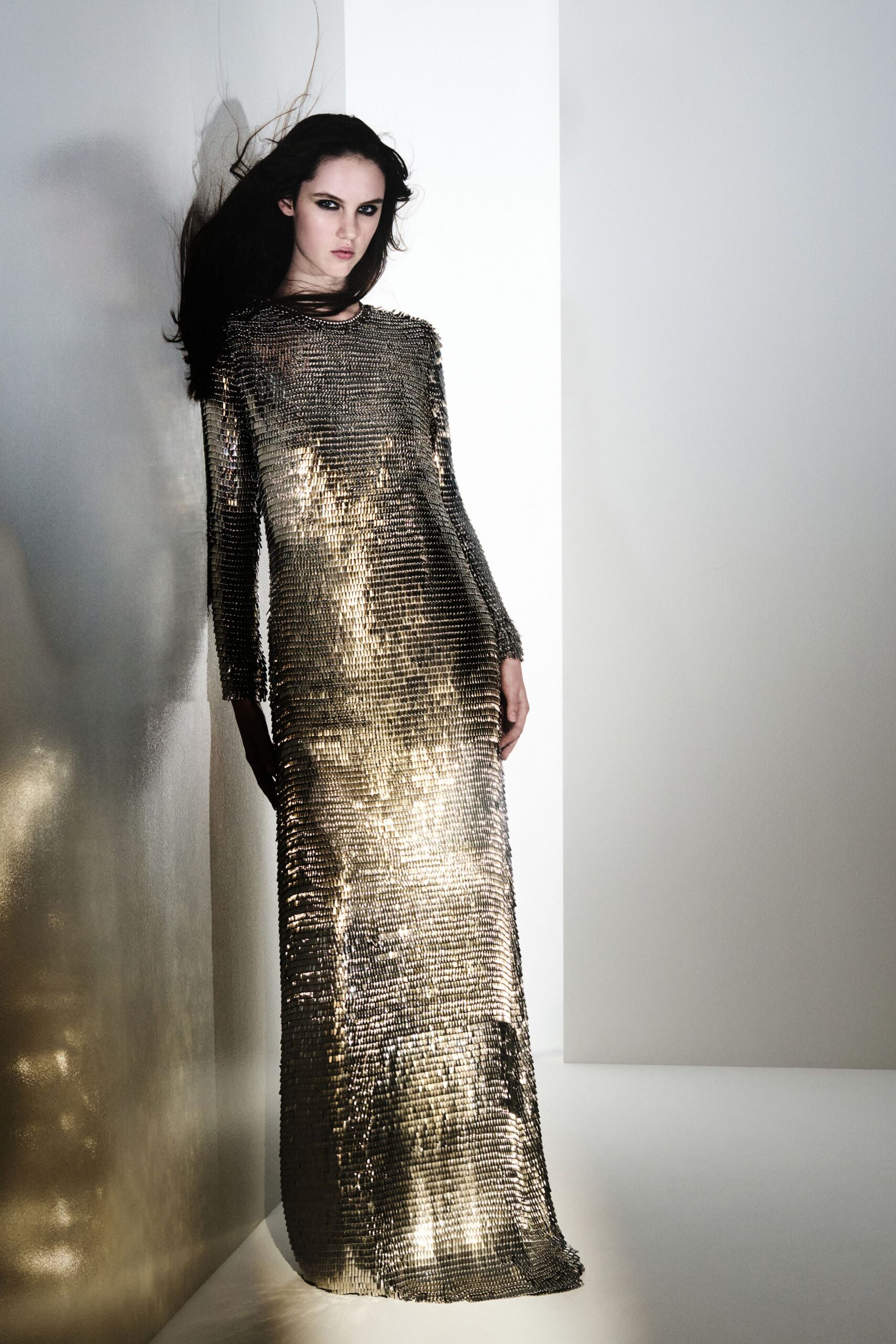 silver sequined long-sleeve gown