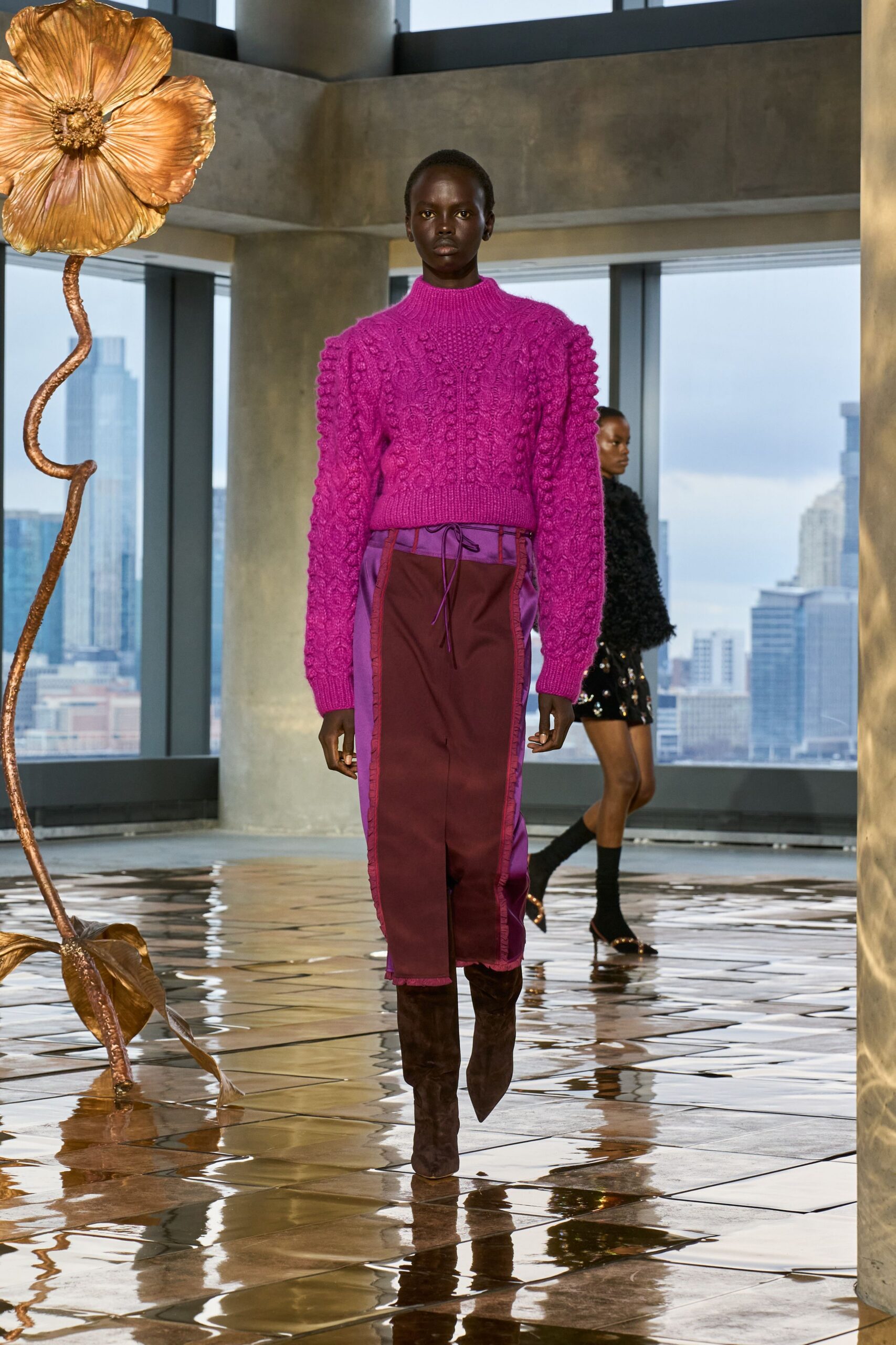 pink wool long-sleeve collared fitted ribbed sweater