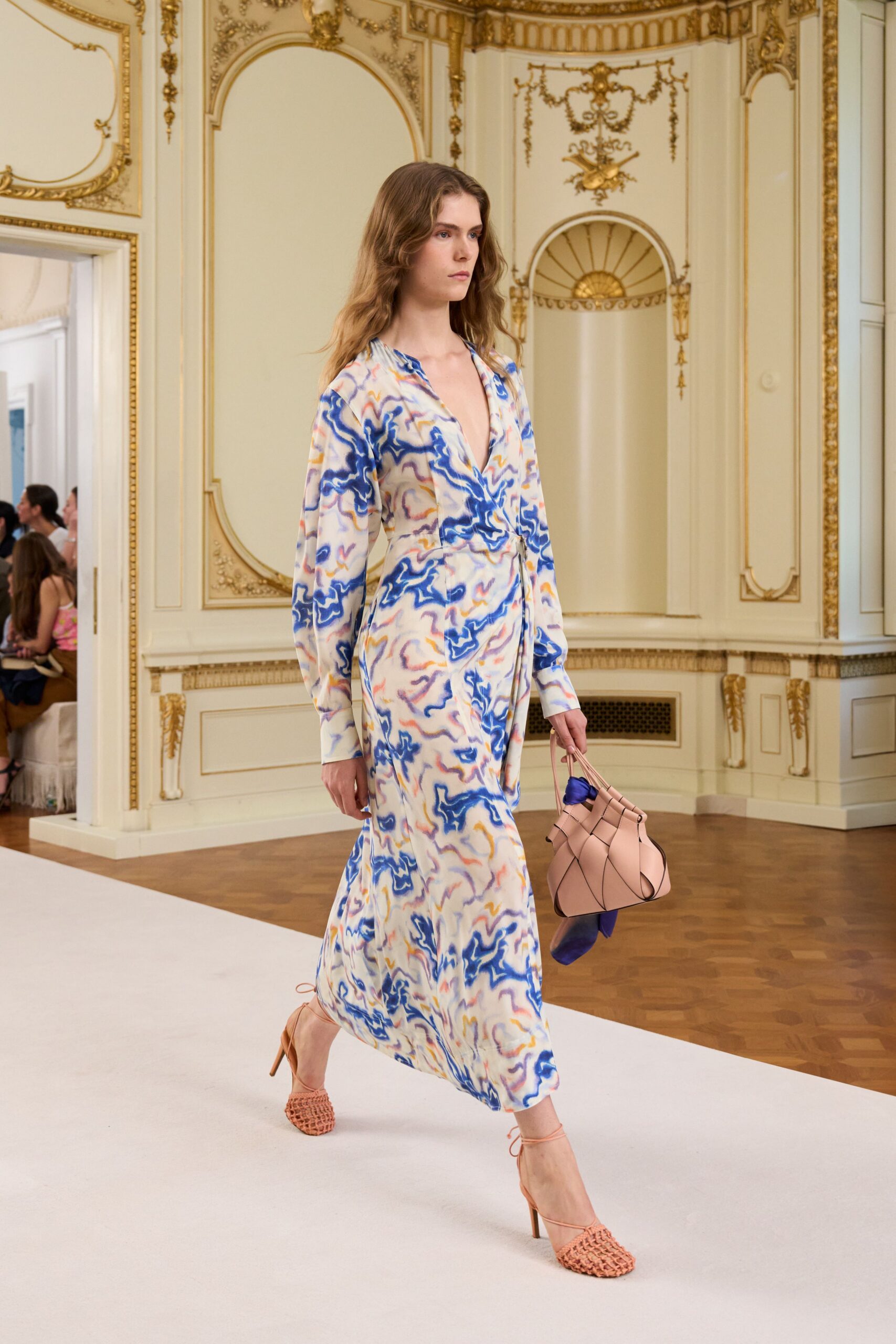 printed maxi dress with strappy shoes