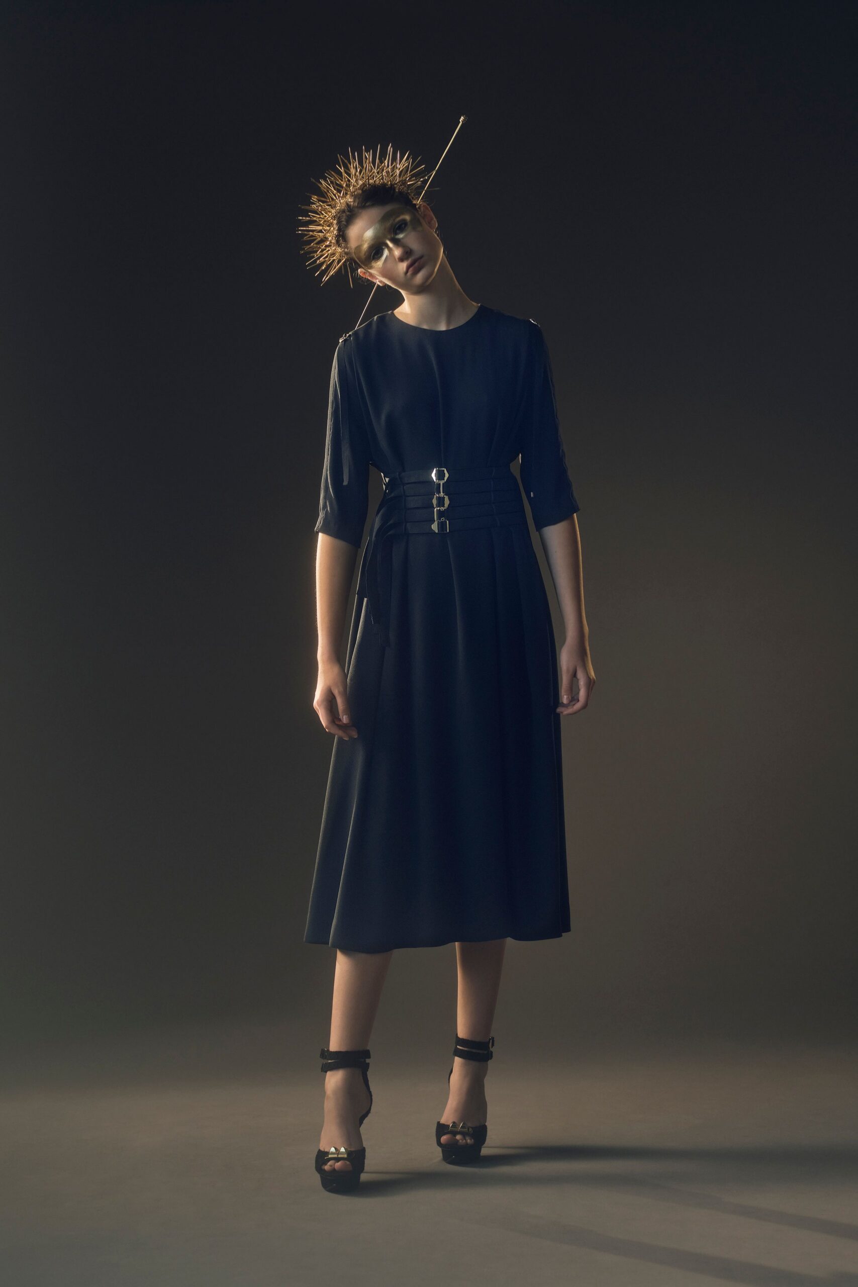 black belted midi dress with spikes