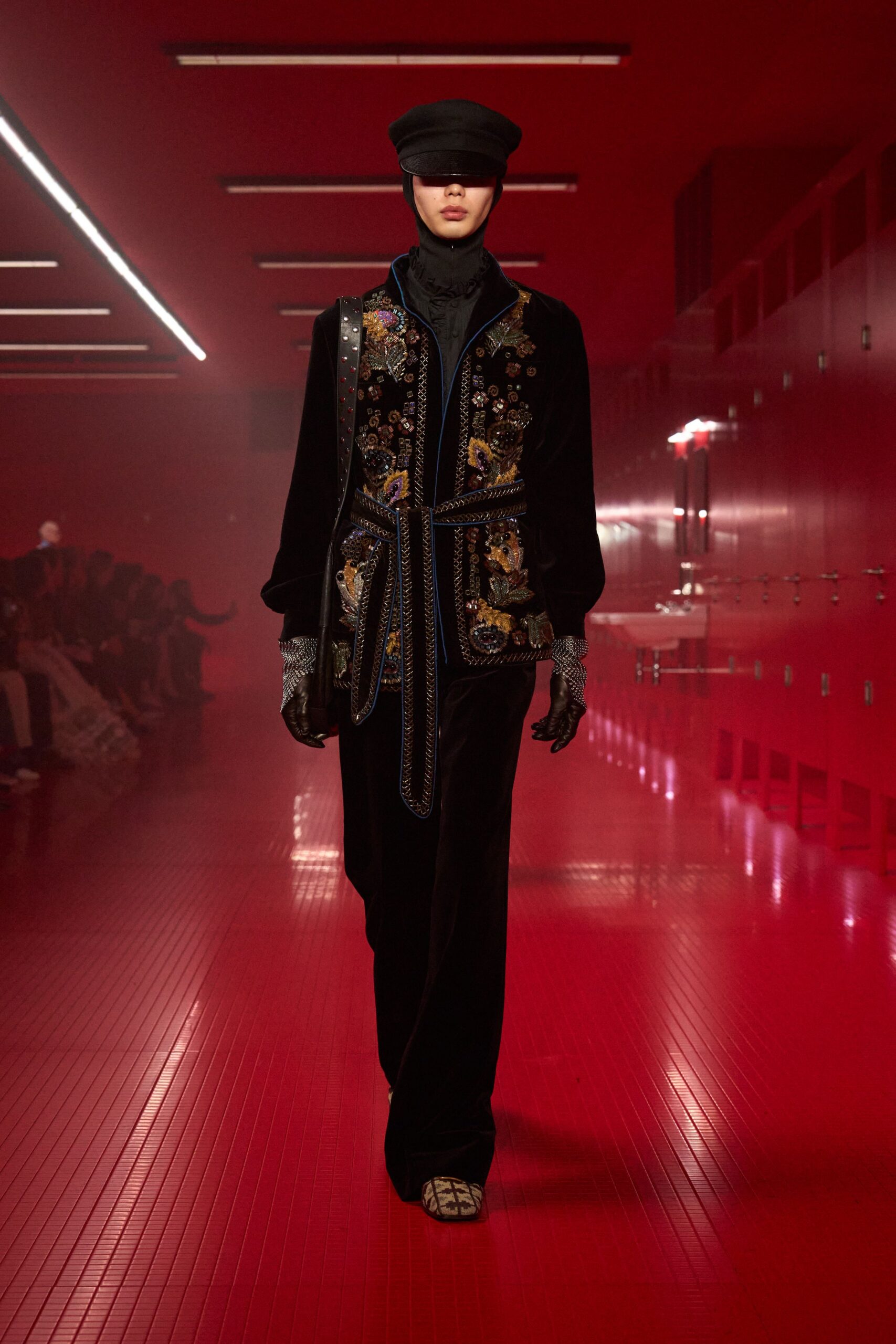 black velvet long-sleeve collared fitted embroidered belted jacket