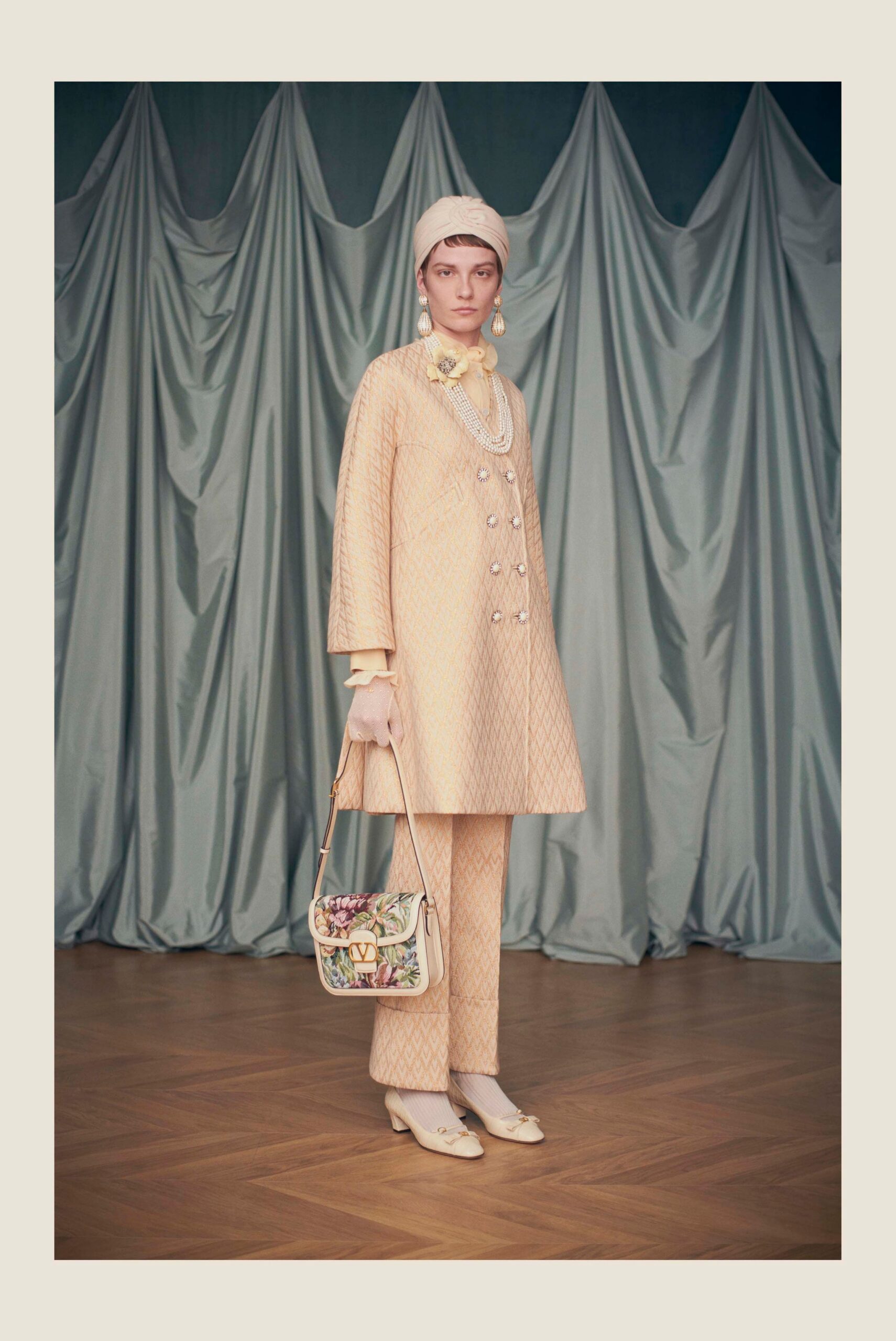 beige silk long-sleeve collared fitted buttoned quilted coat