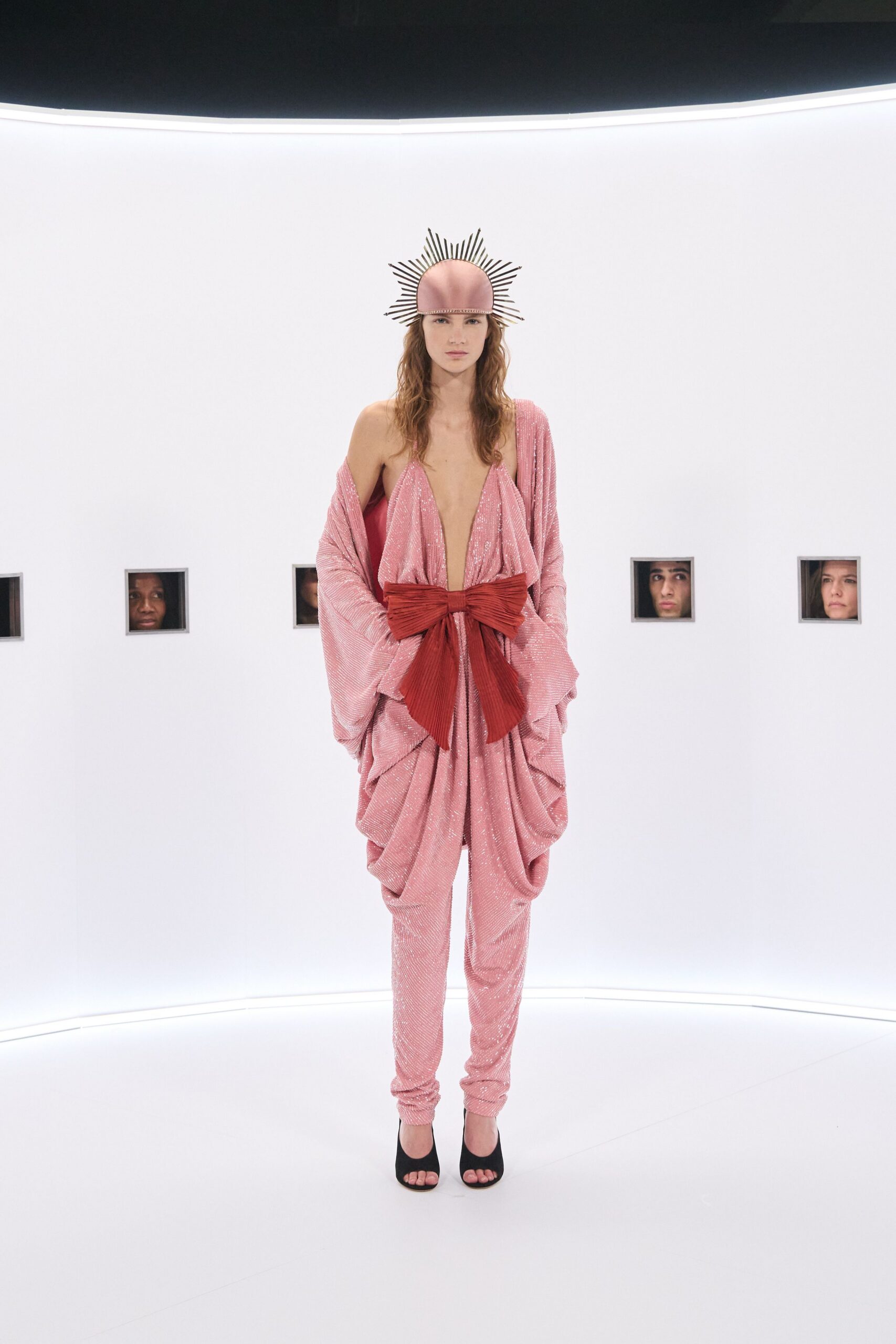 pink velvet sleeveless v-neck relaxed draped pleated jumpsuit