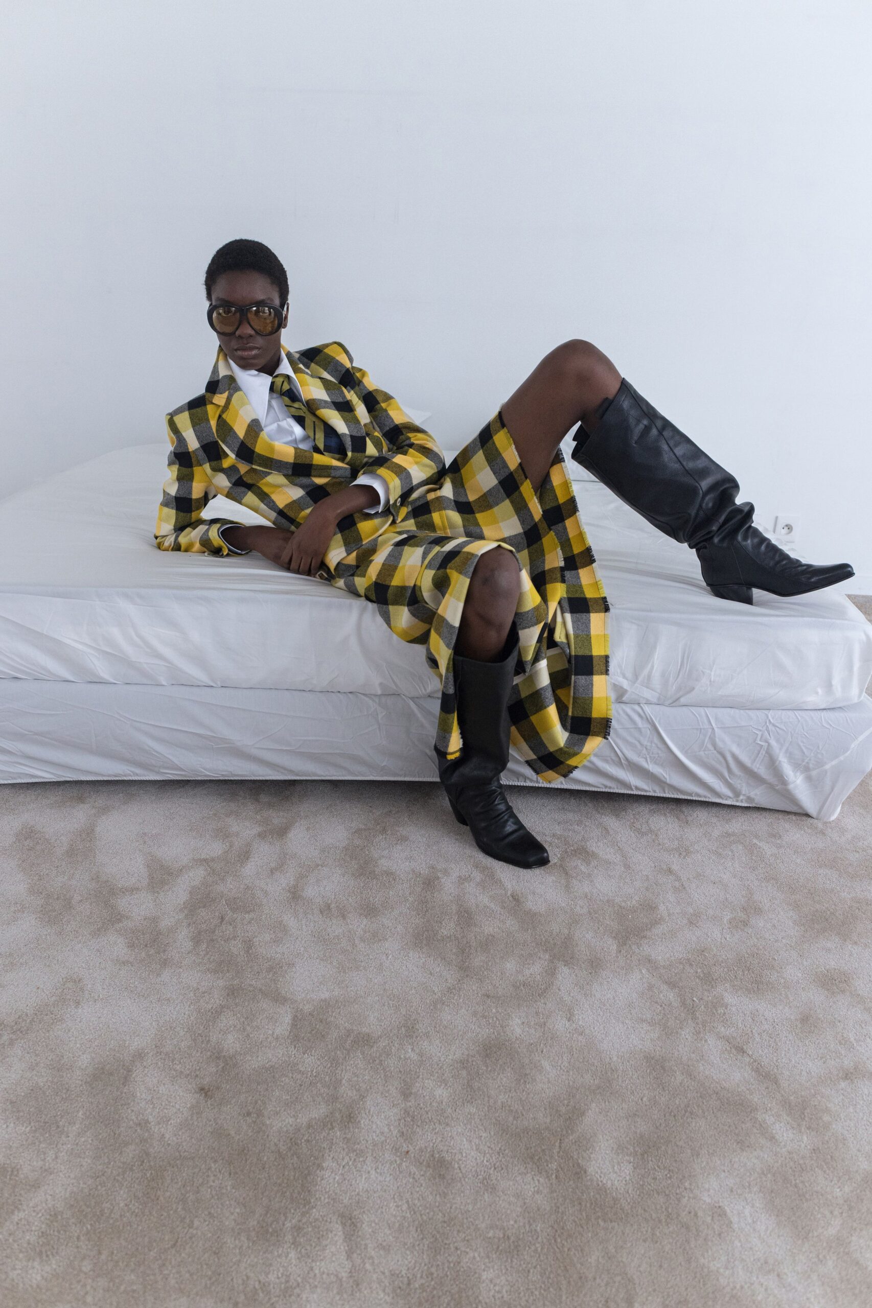 yellow cotton tailored checked pleated midi skirt