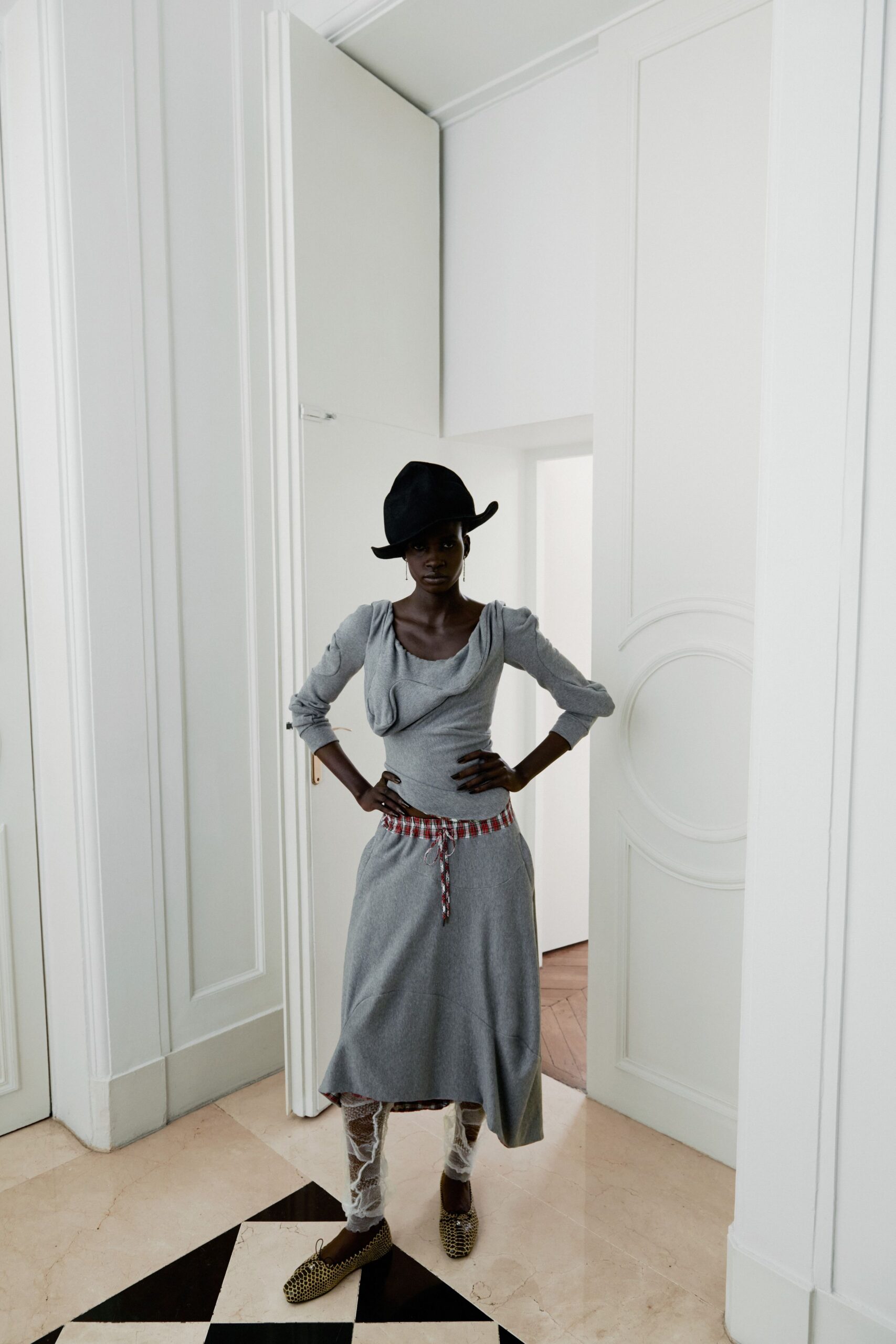 gray cotton long-sleeve v-neck fitted draped tiered dress