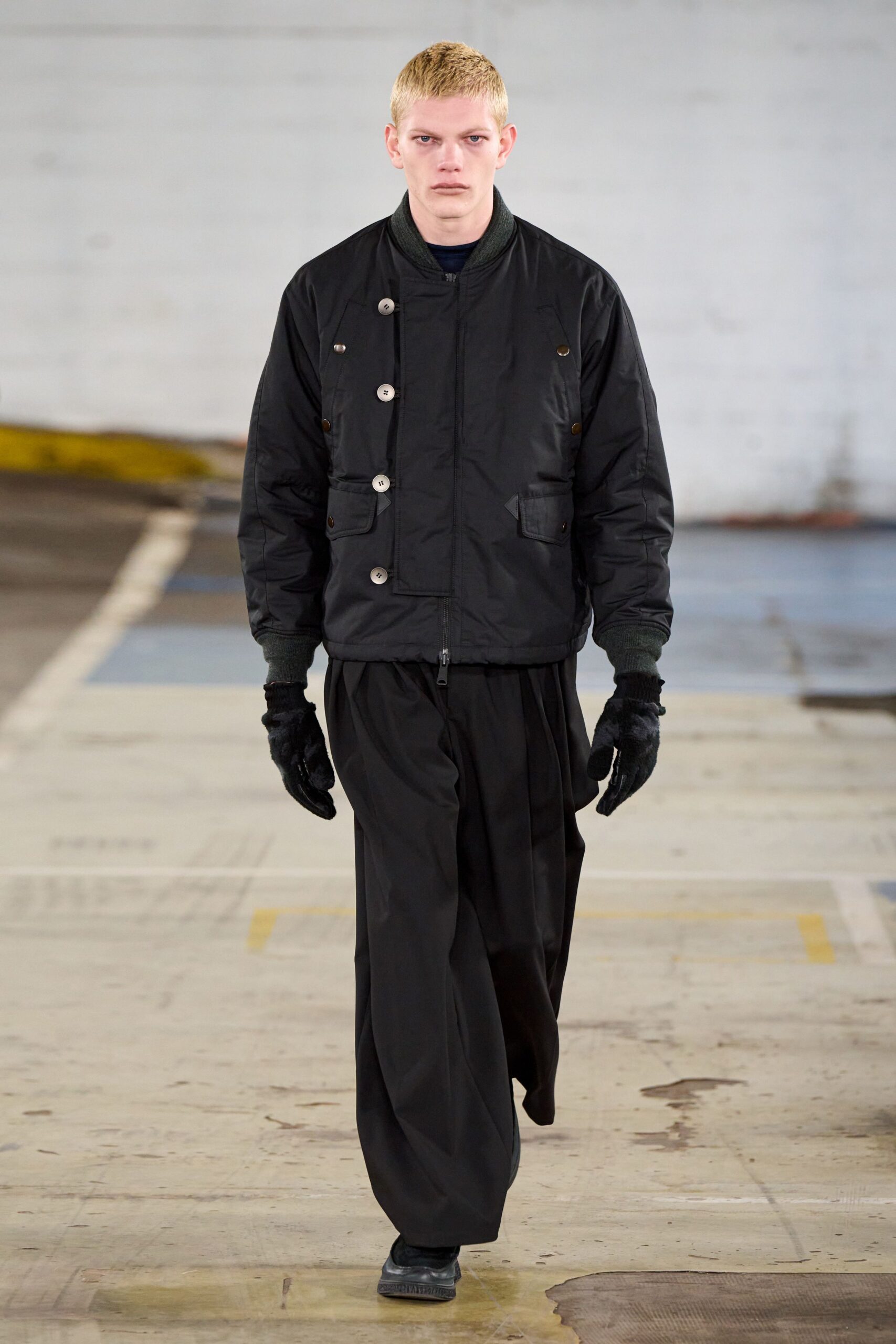 black fitted jacket with wide-leg pants