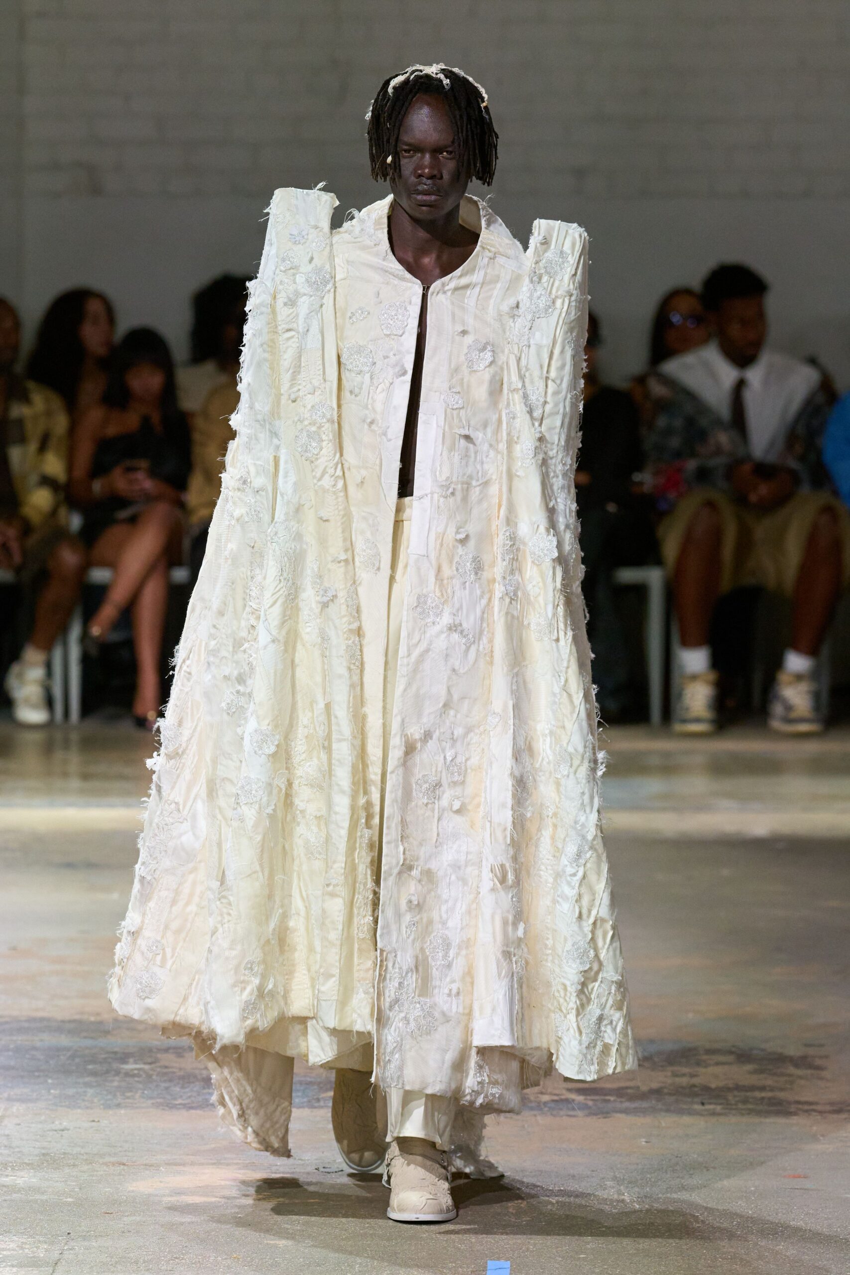 white cotton long-sleeve relaxed embroidered maxi cape