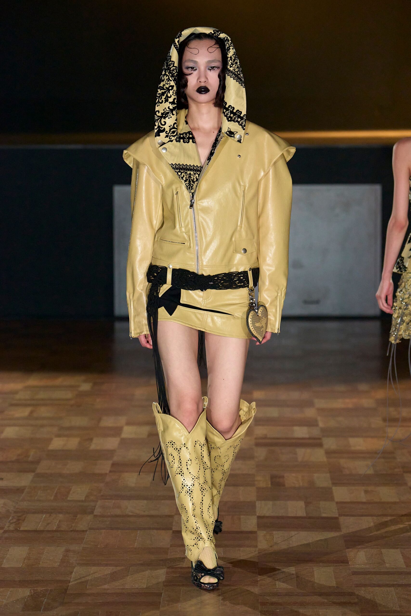 yellow leather long-sleeve hooded fitted zippered fringed jacket