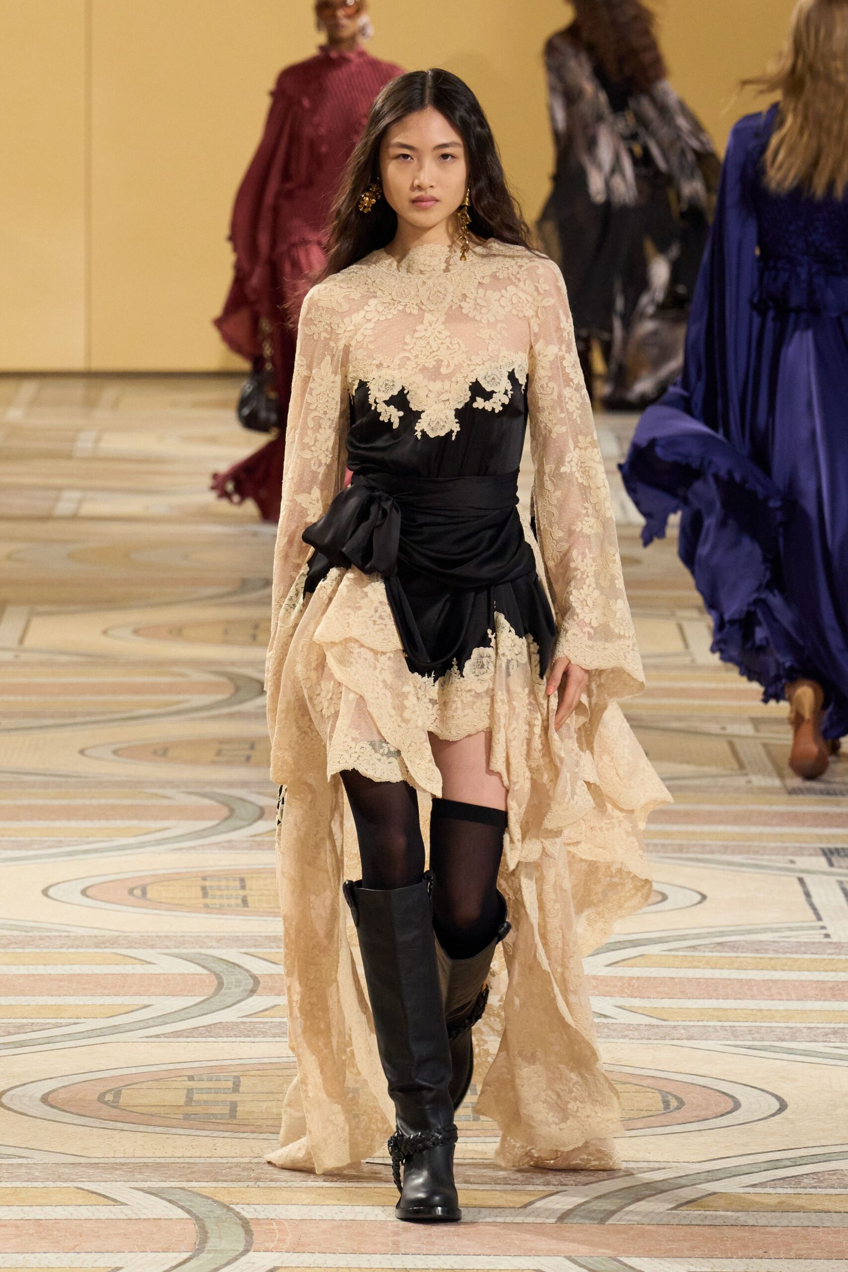 beige lace long-sleeve high-neck fitted ruffled layered dress