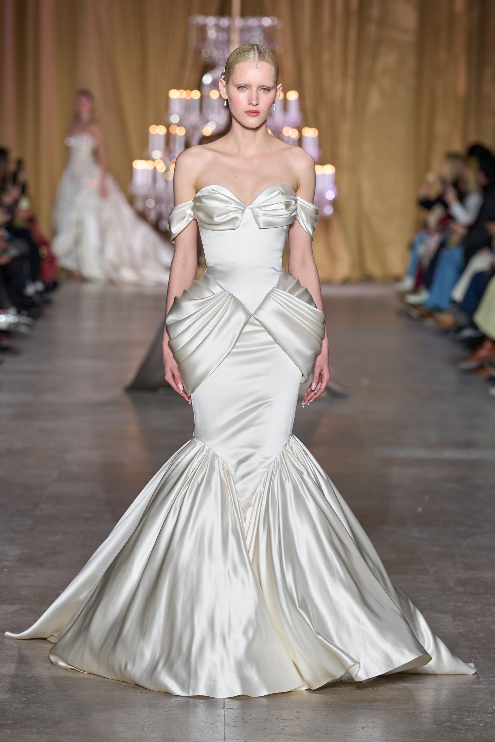 white silk strapless gown