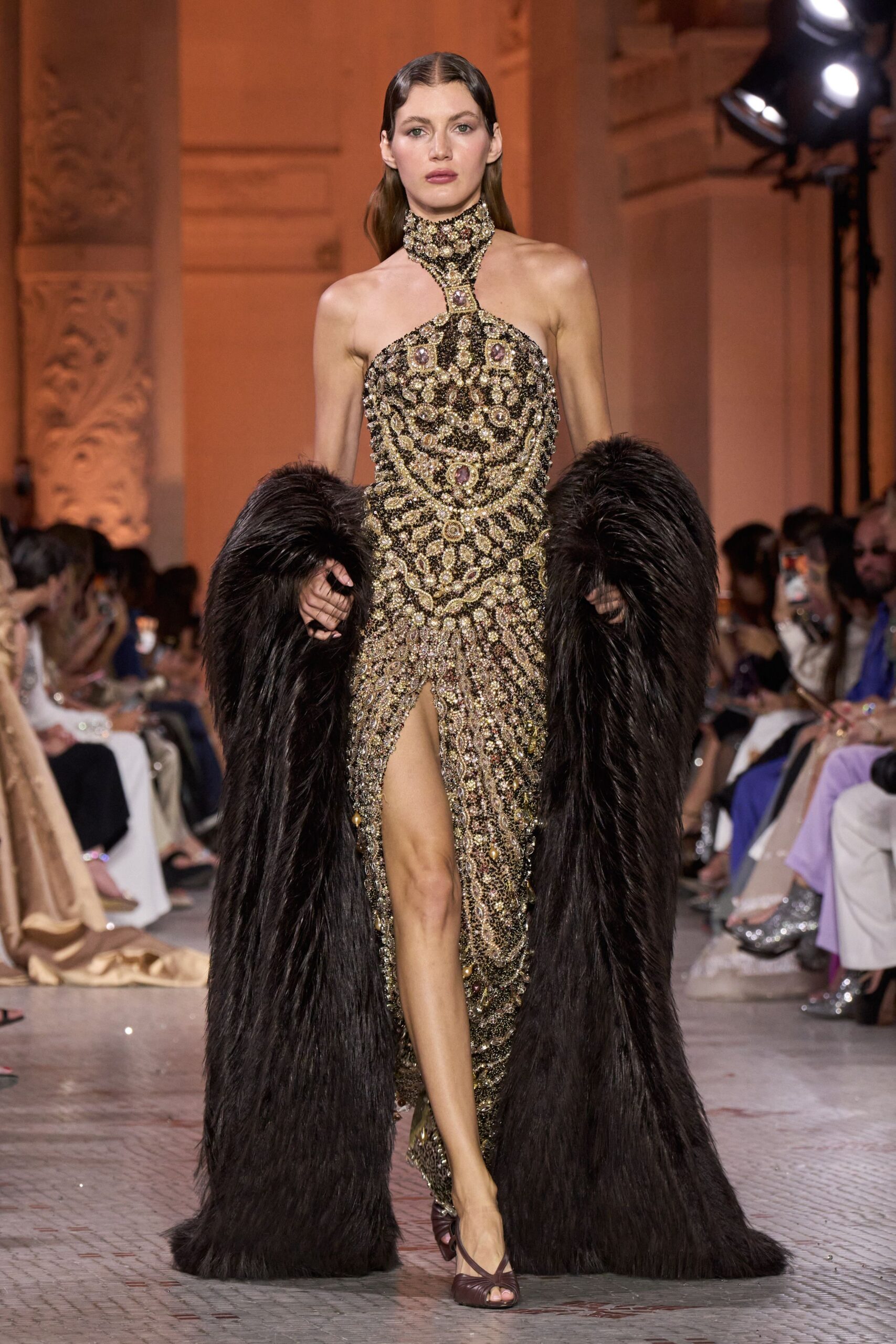 gold silk sleeveless high-neck fitted beaded embroidered gown