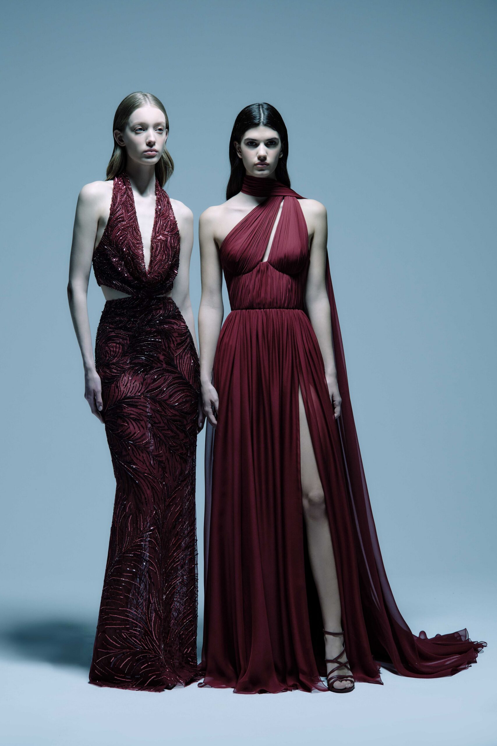 maroon silk sleeveless high-neck fitted draped maxi gown