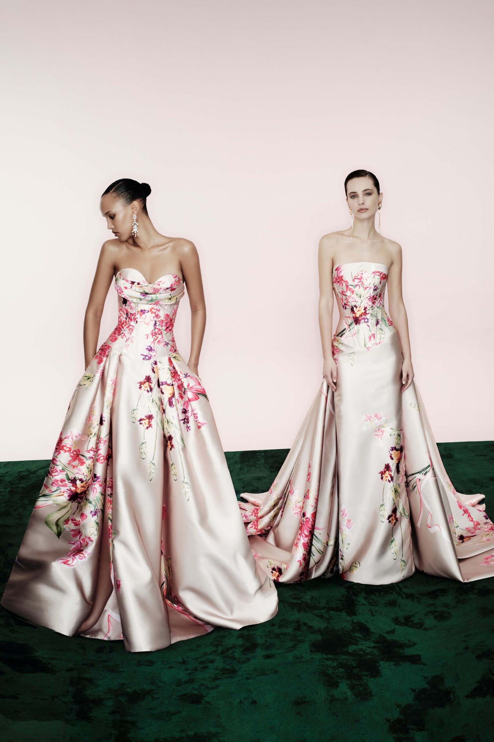 floral silk strapless gowns