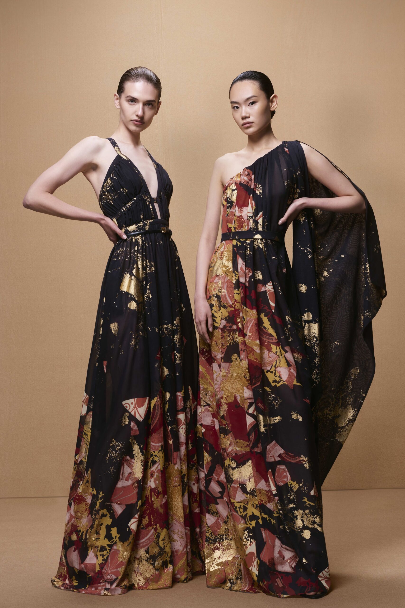 black silk off-shoulder fitted flared printed maxi gown