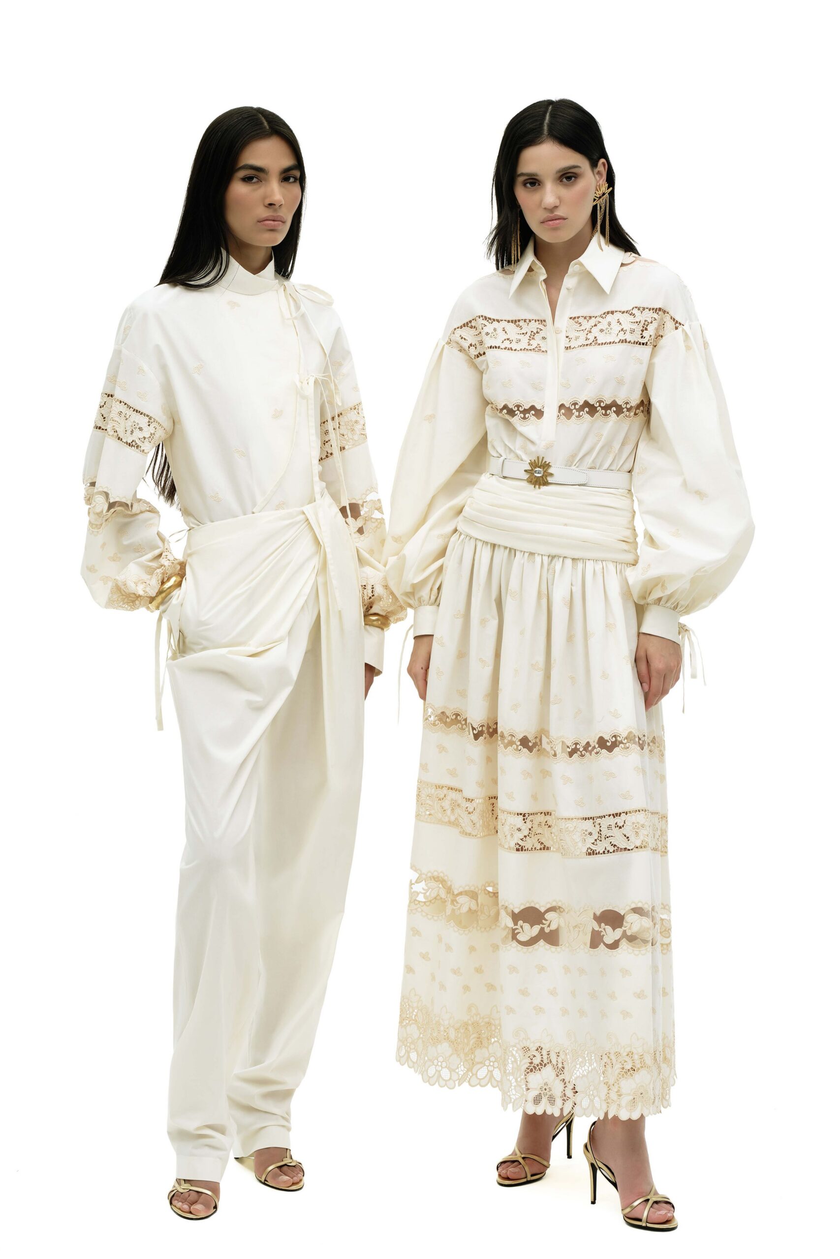 white cotton long-sleeve collared fitted embroidered tiered dress