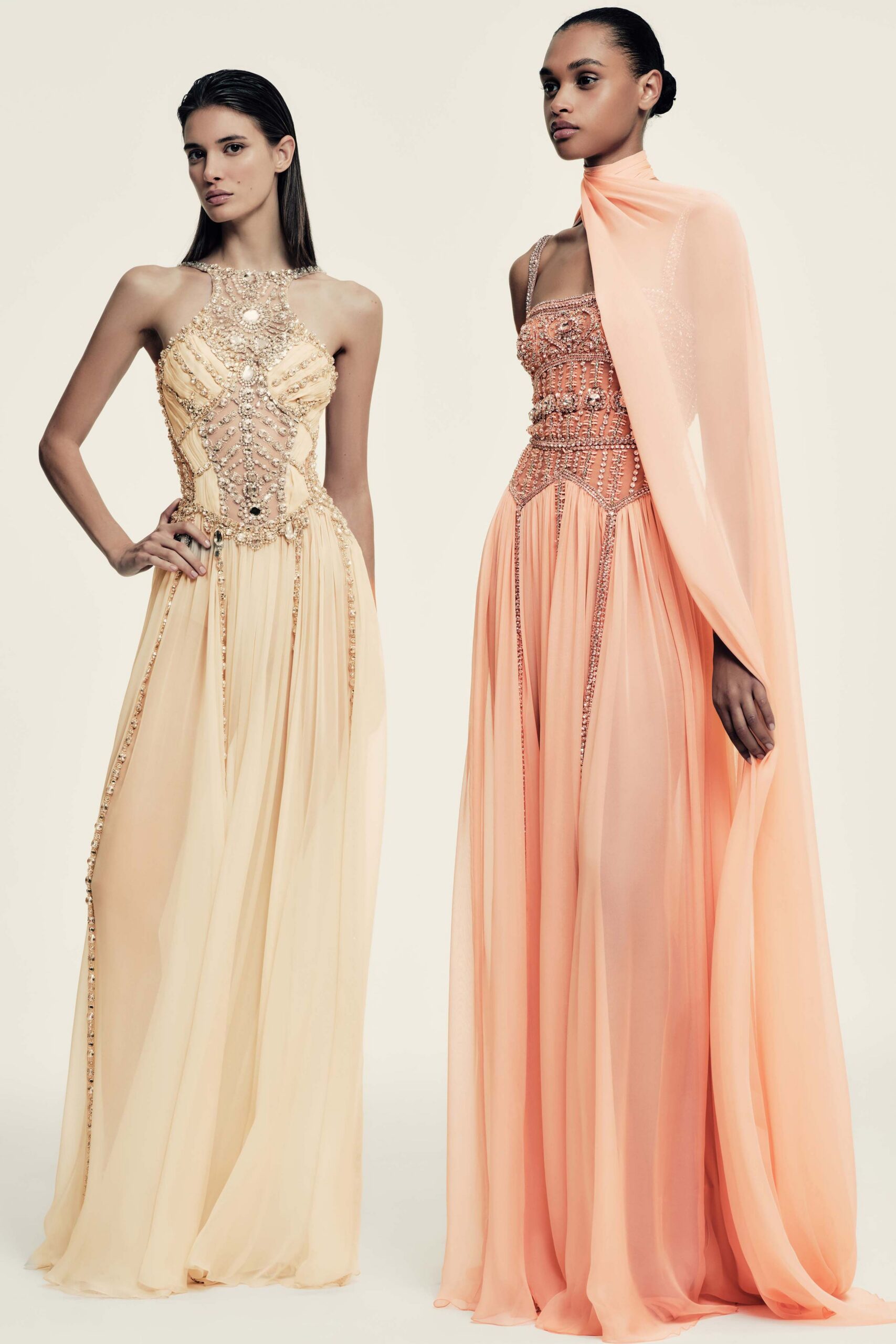 beige and coral beaded gowns