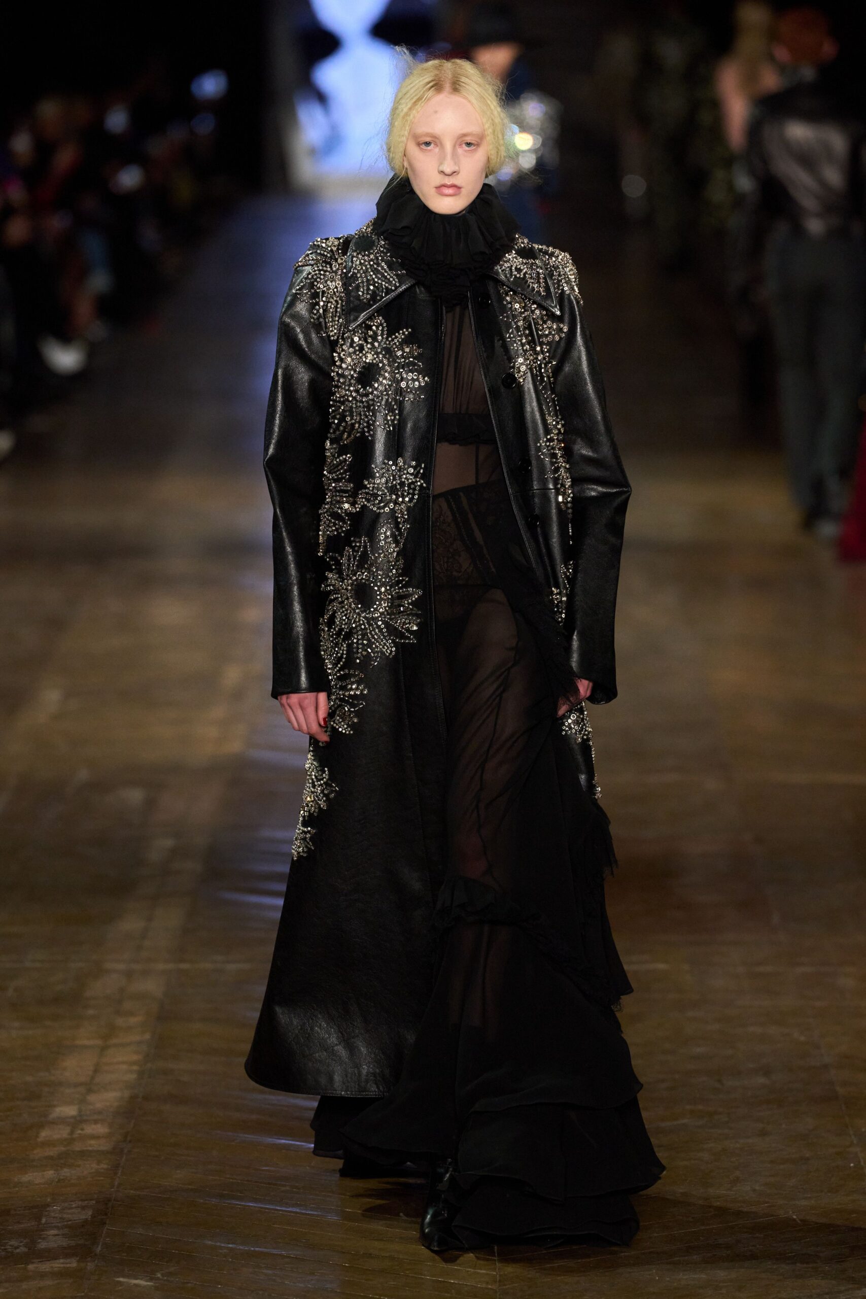 black leather long-sleeve collared fitted embroidered maxi coat