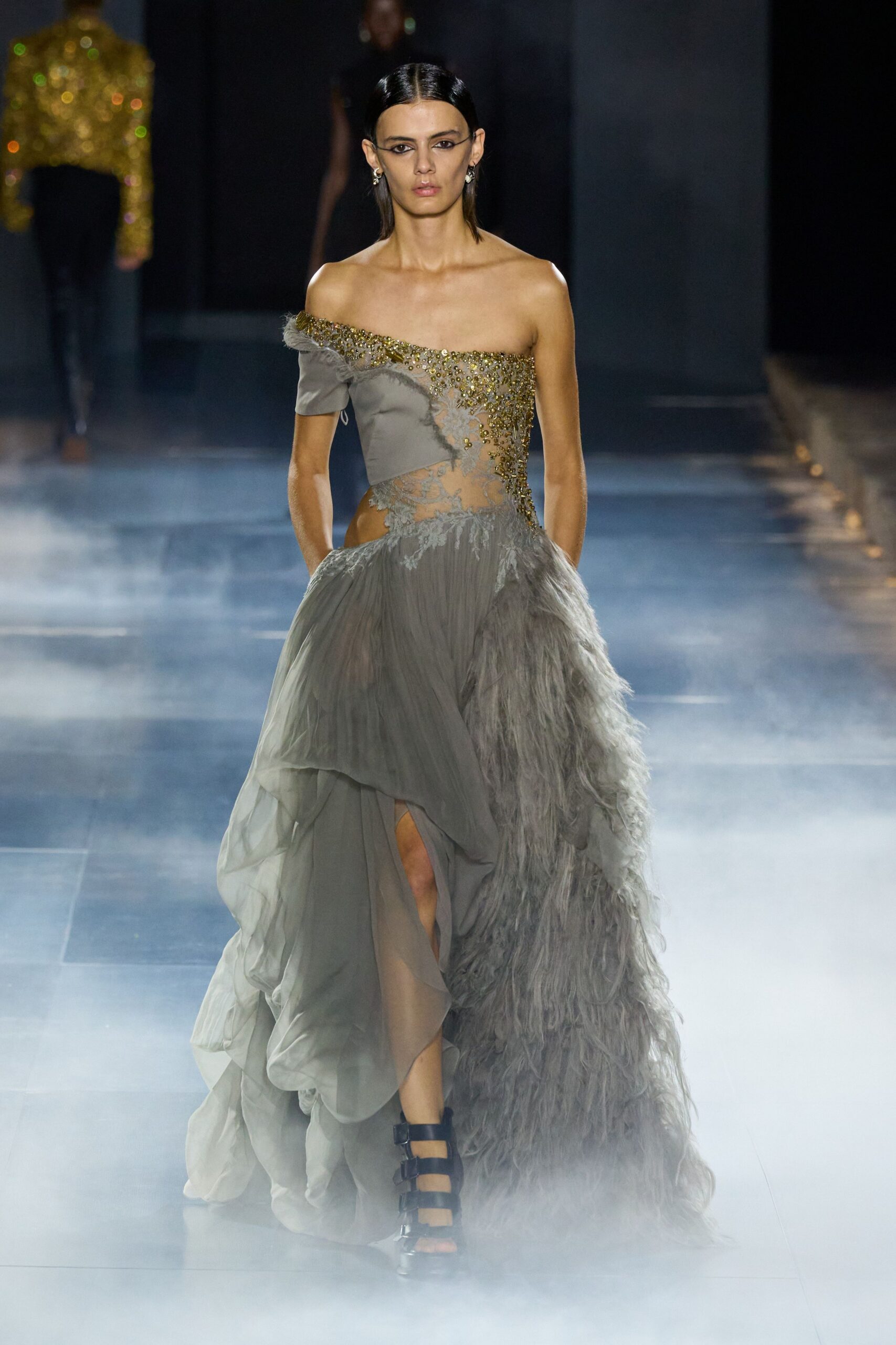 gray silk off-shoulder slit fitted draped embellished gown