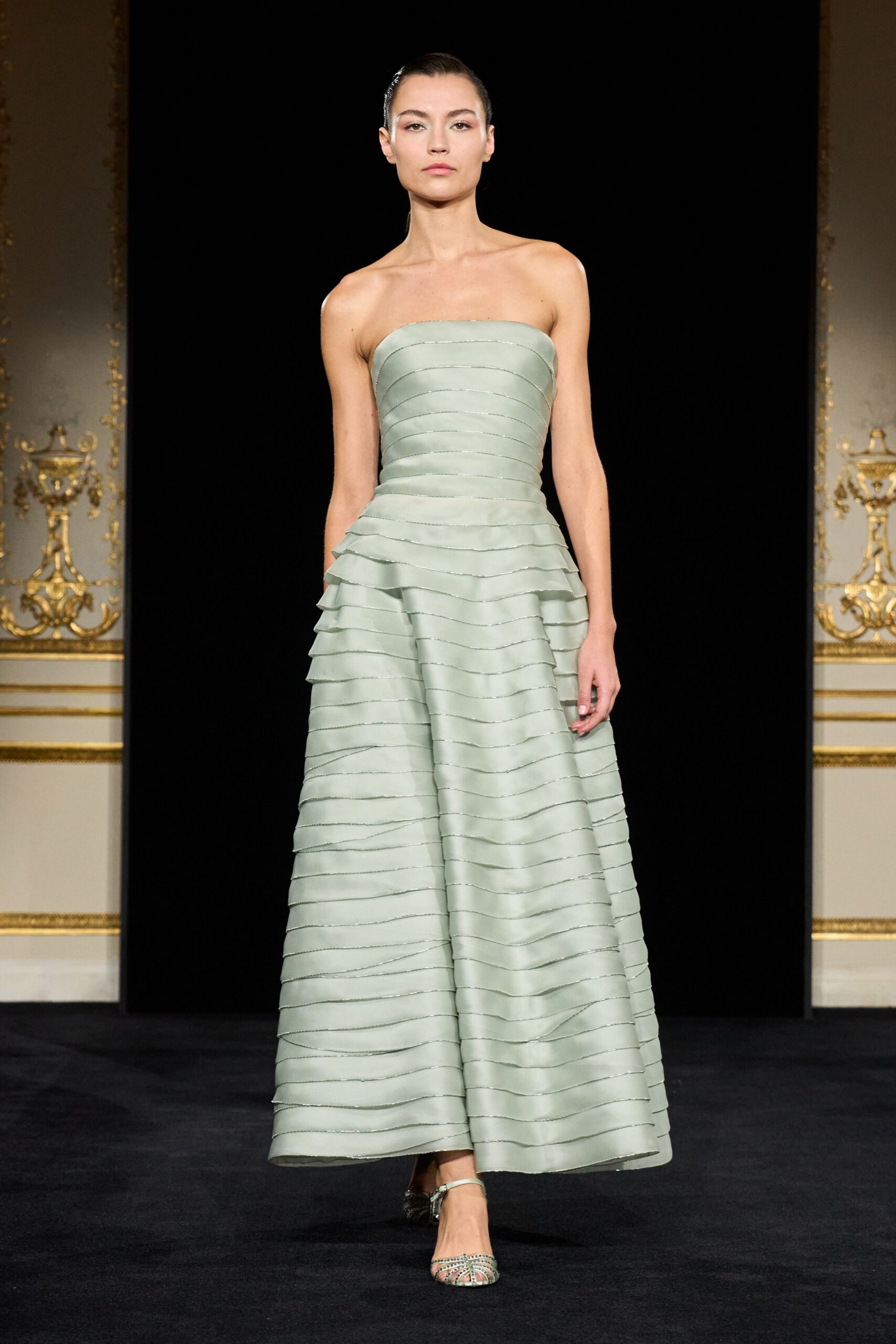 green silk strapless fitted pleated maxi gown