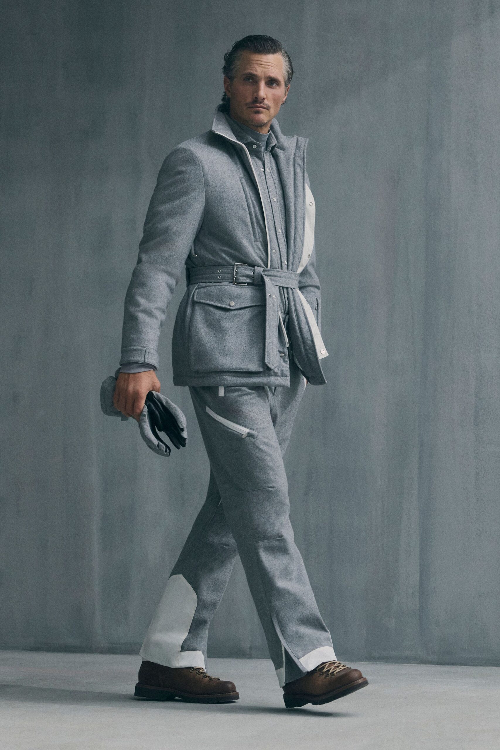 gray wool long-sleeve collared structured belted buttoned jacket