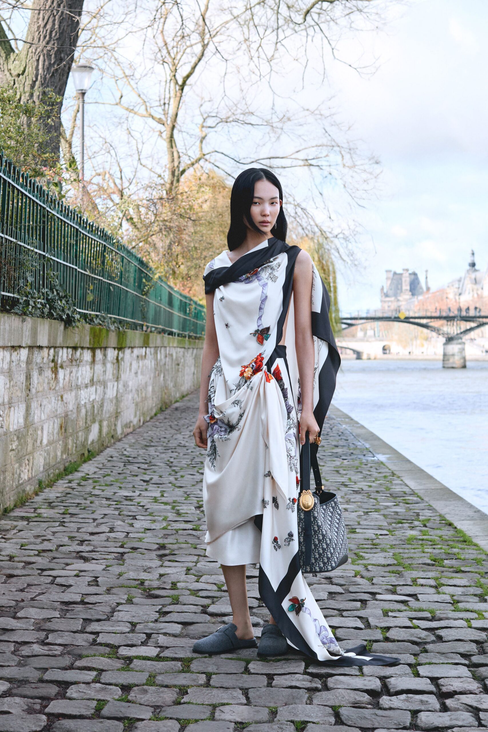 white silk draped midi dress