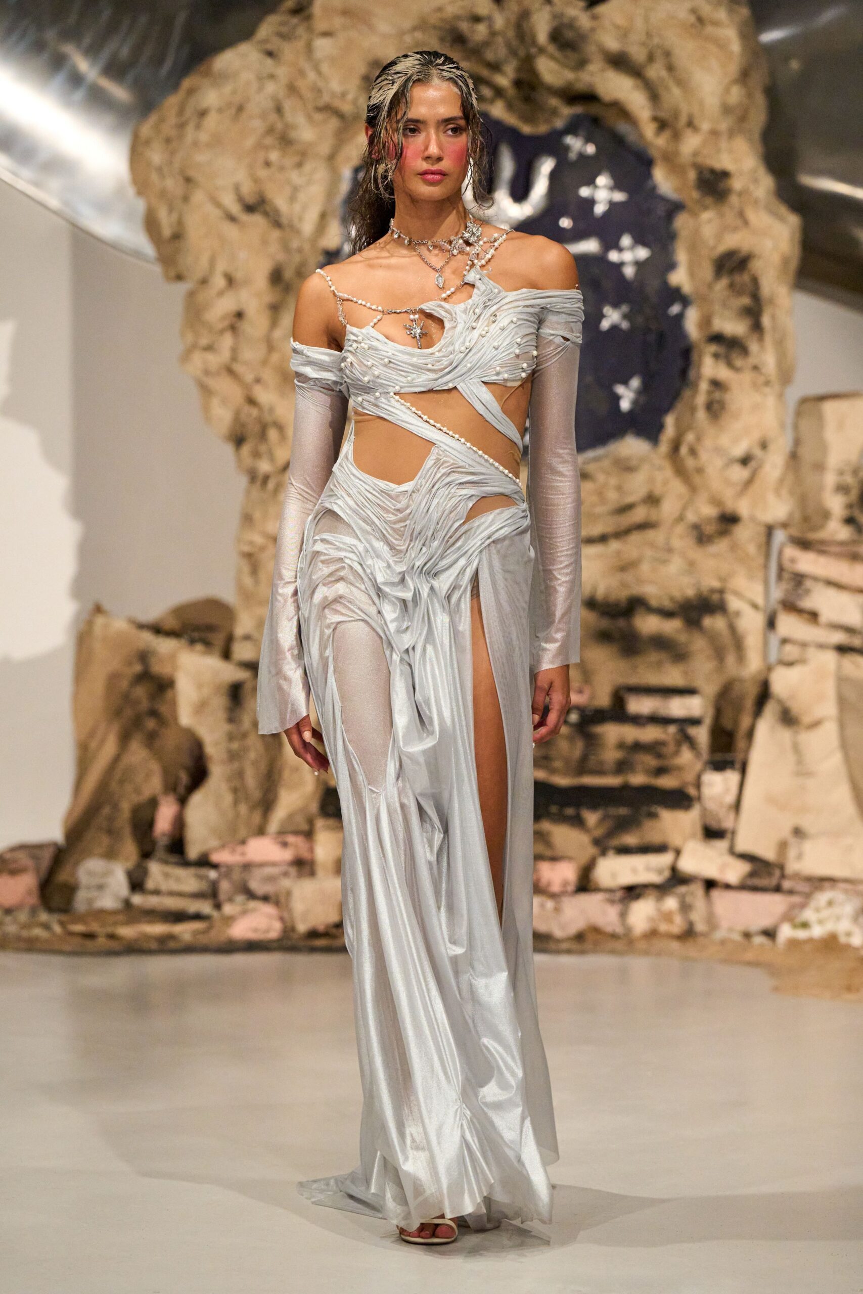 silver silk fitted gown