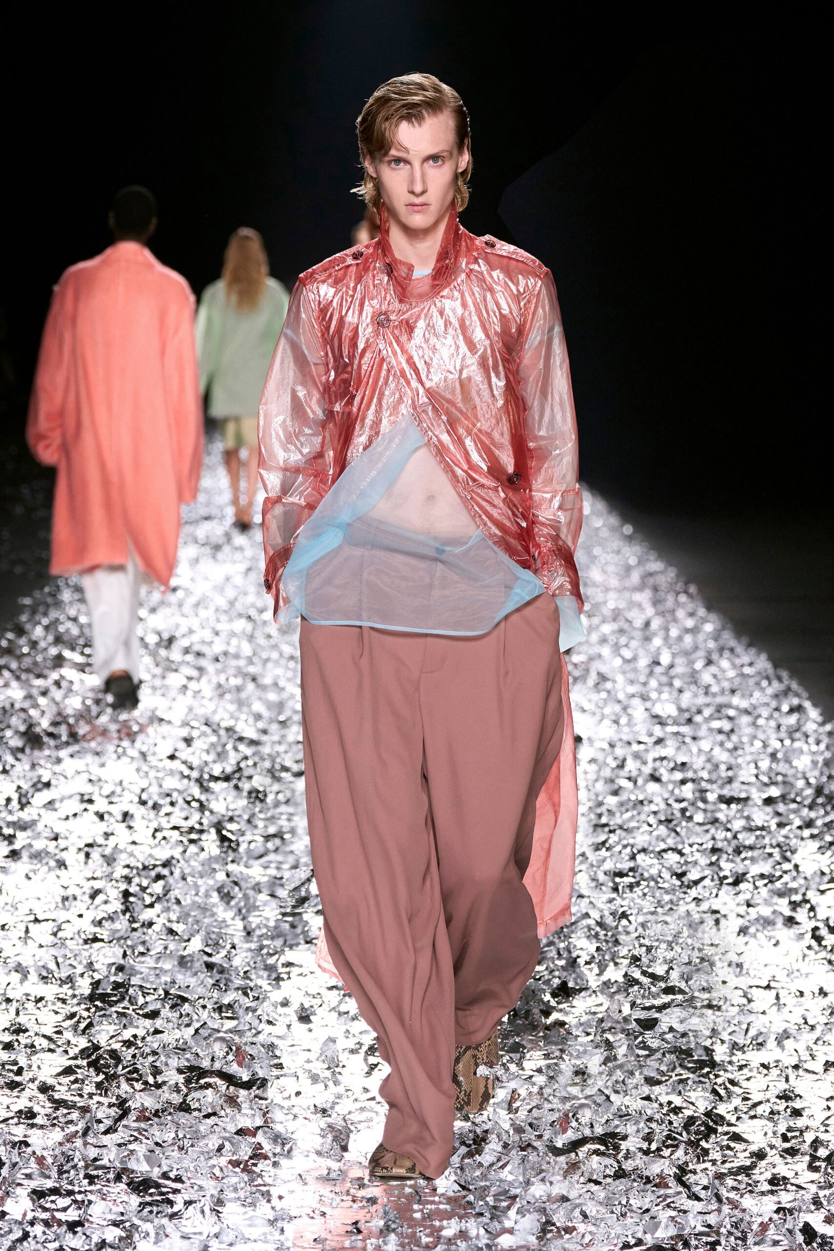 pink vinyl long-sleeve collared relaxed layered sheer shirt
