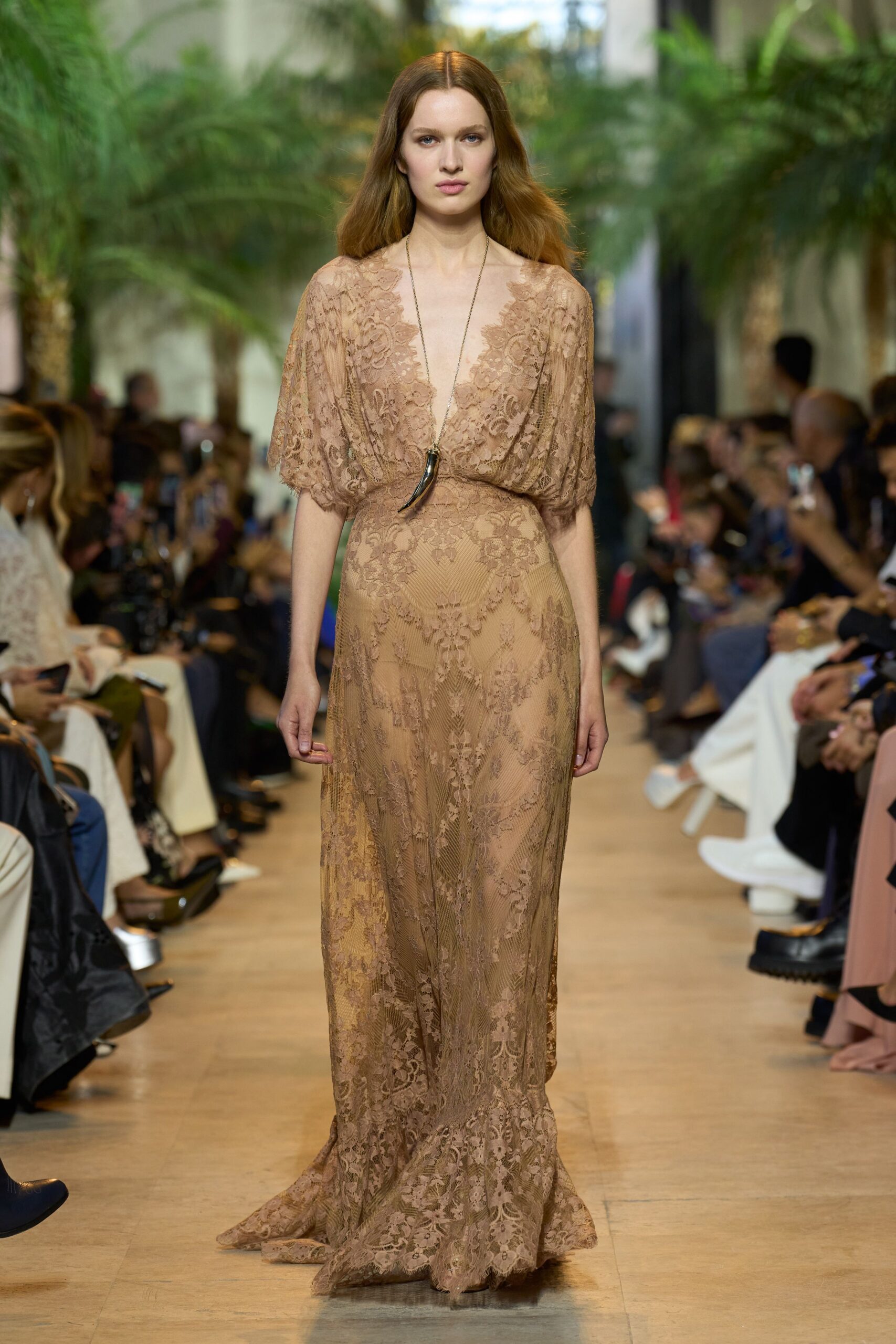 beige lace embroidered gown
