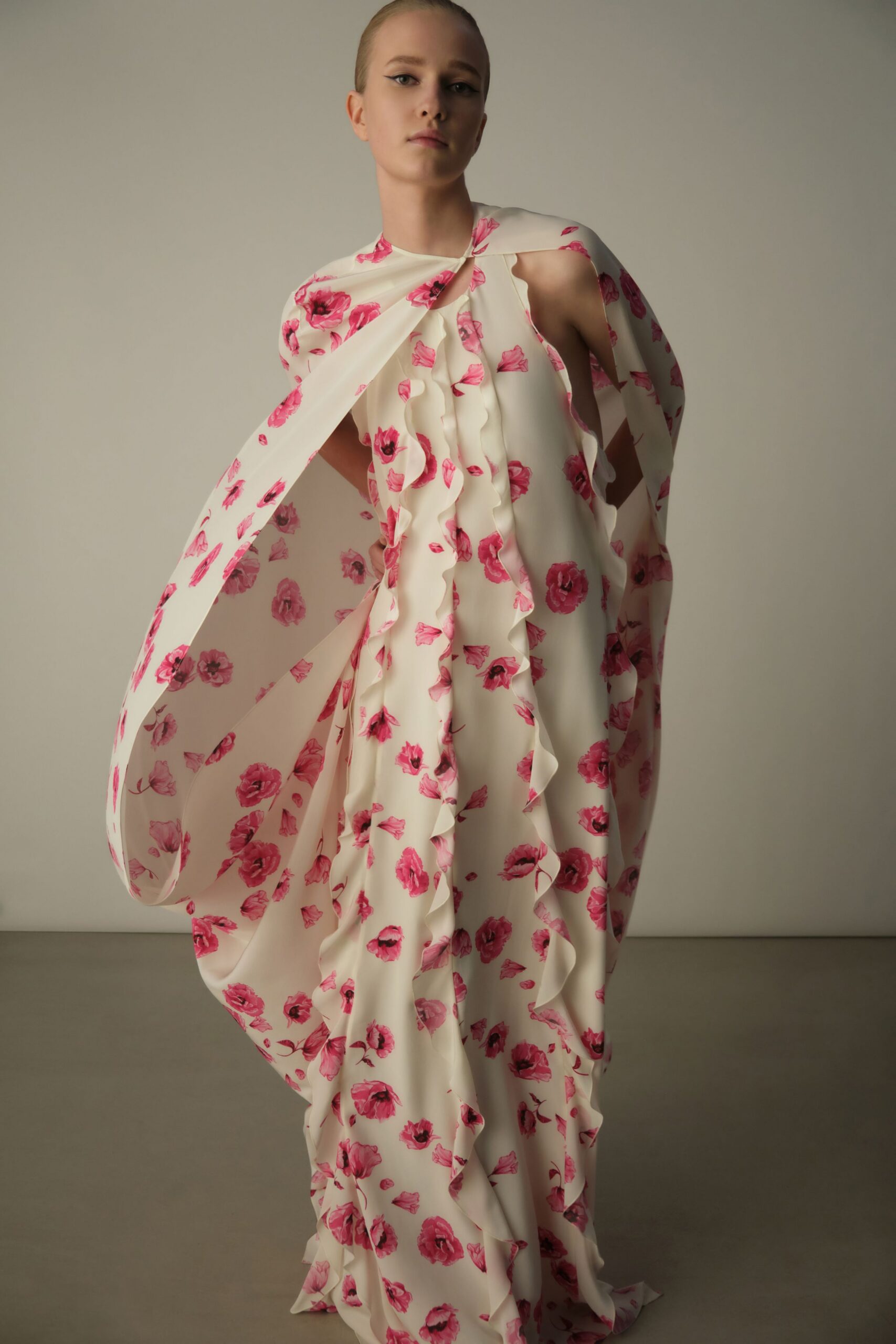 white floral ruffled gown