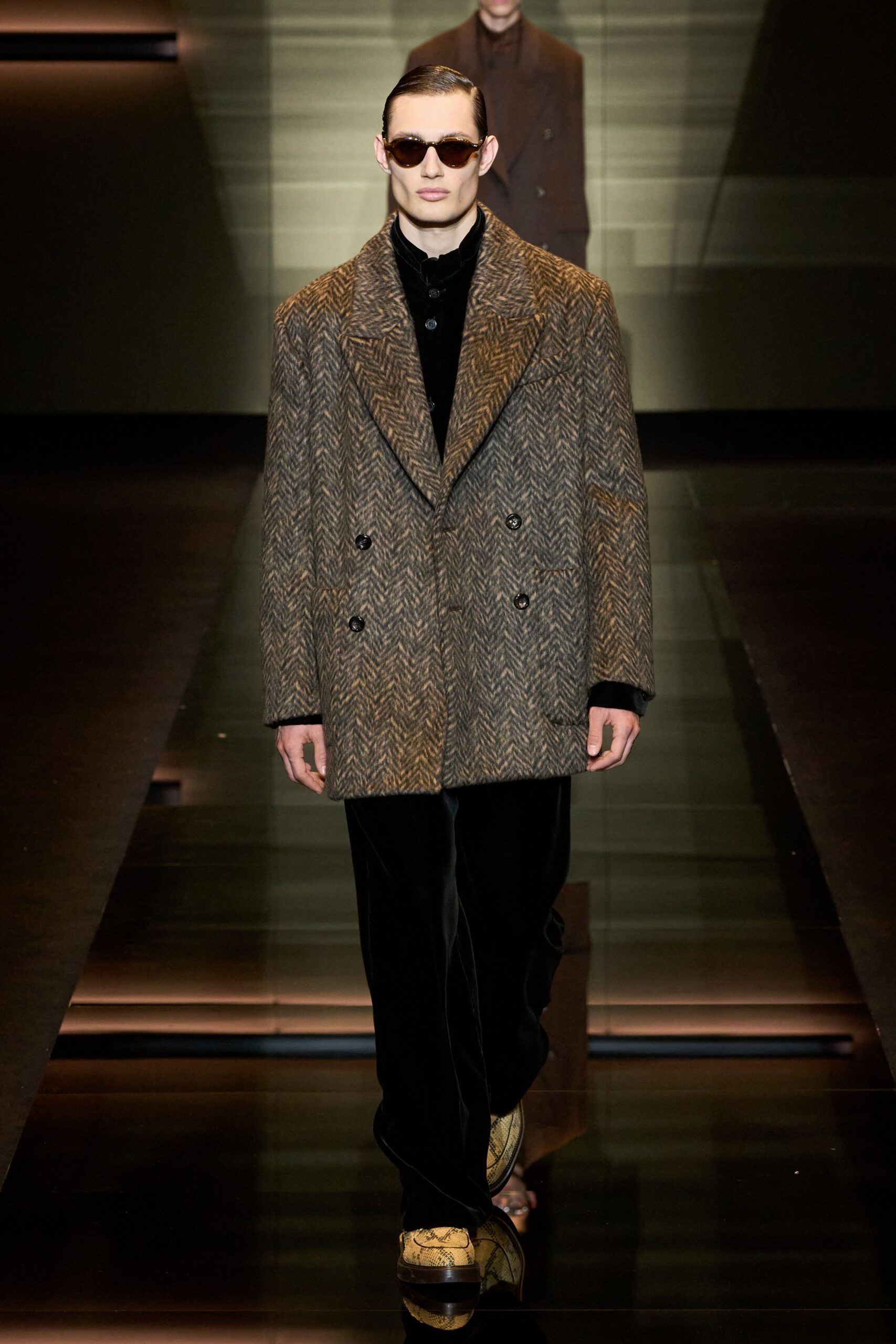 brown checked coat with black pants