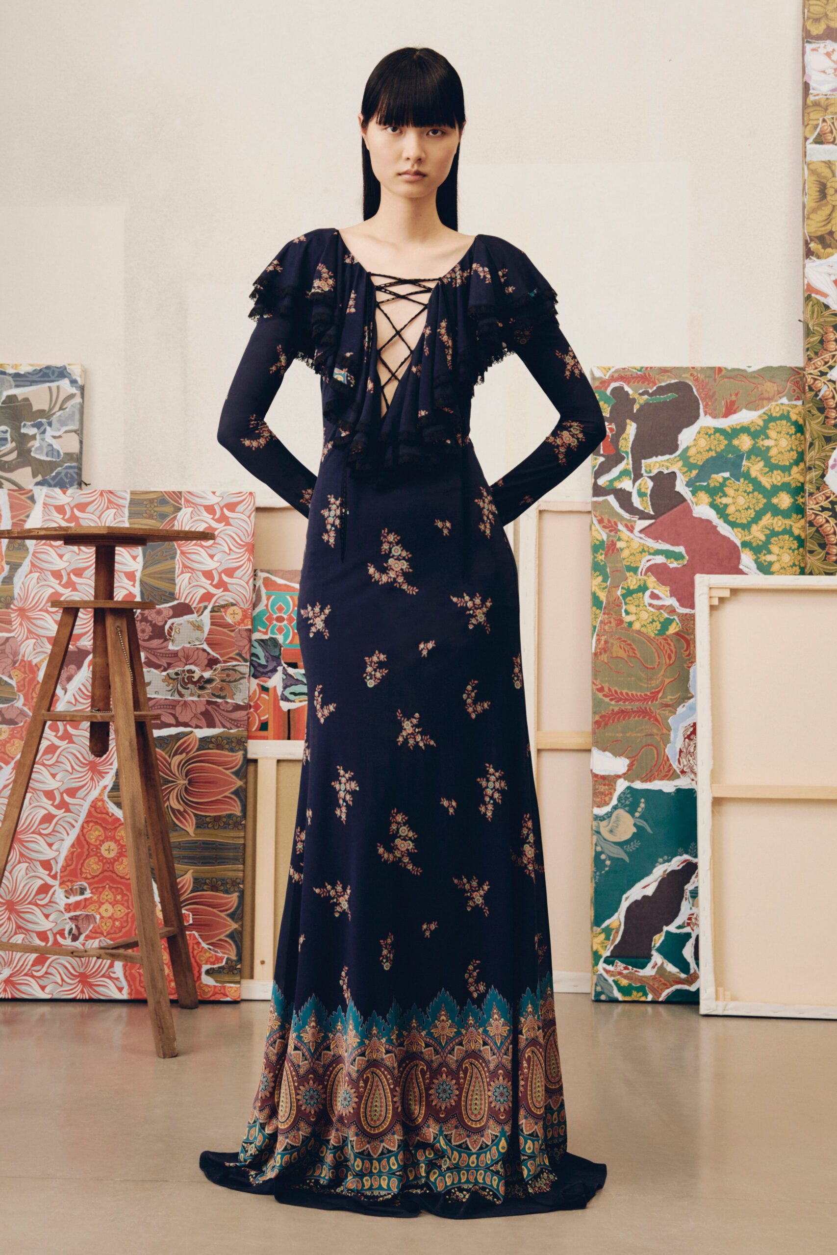 black multi embroidered maxi gown