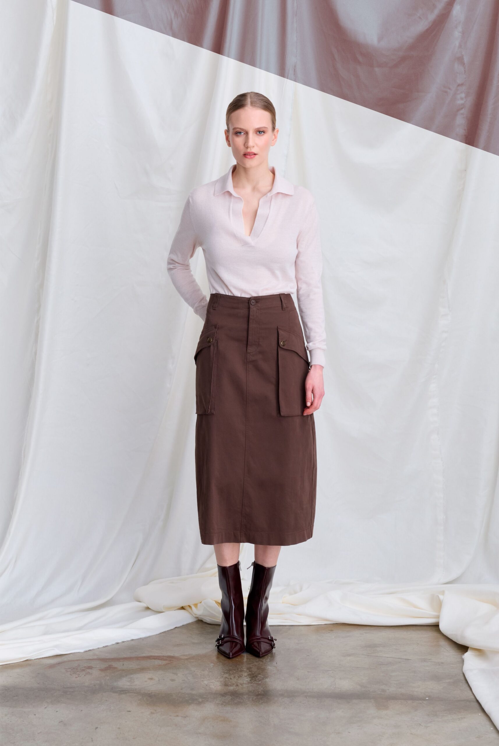 white pink collared shirt brown skirt