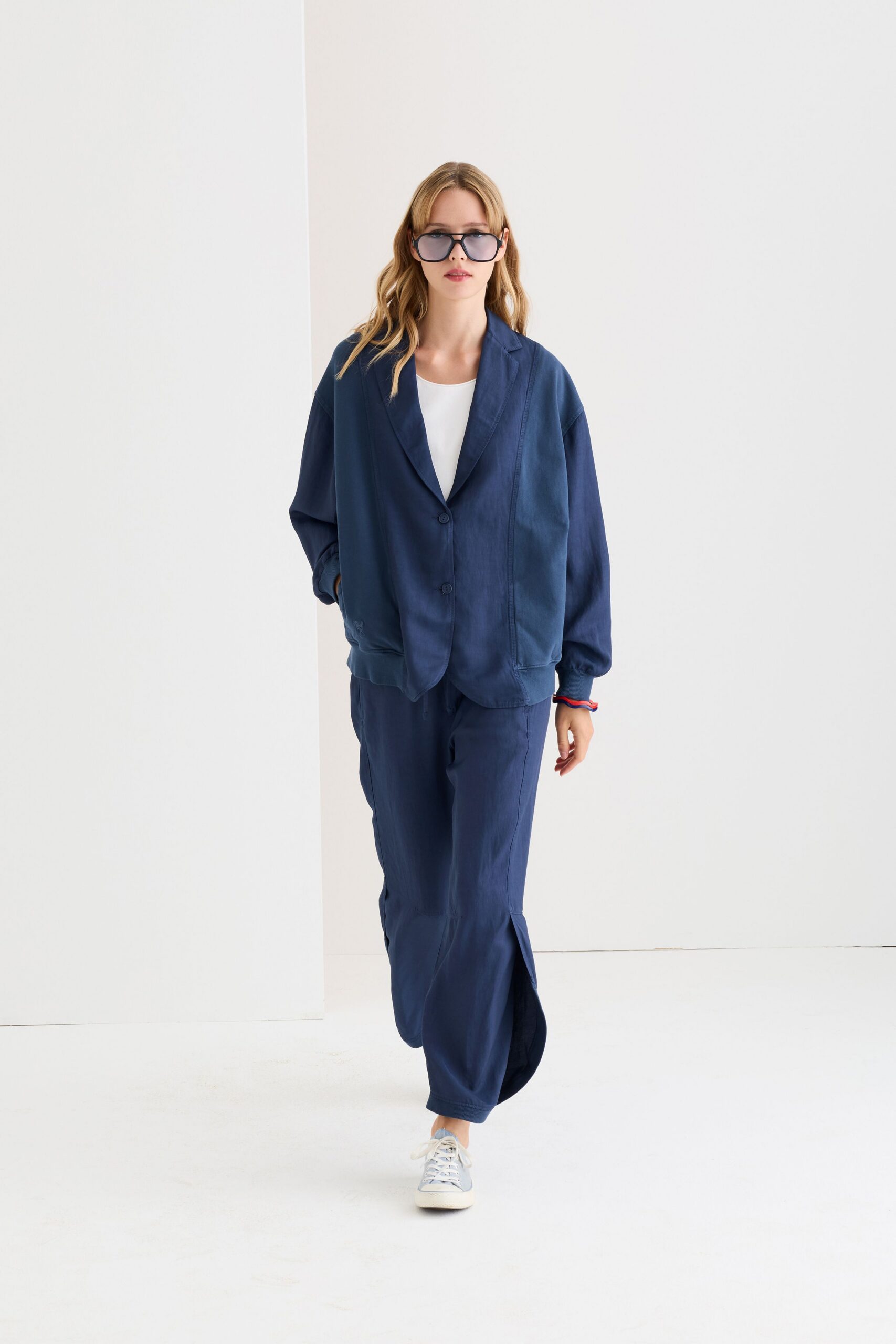 blue oversized blazer with white top