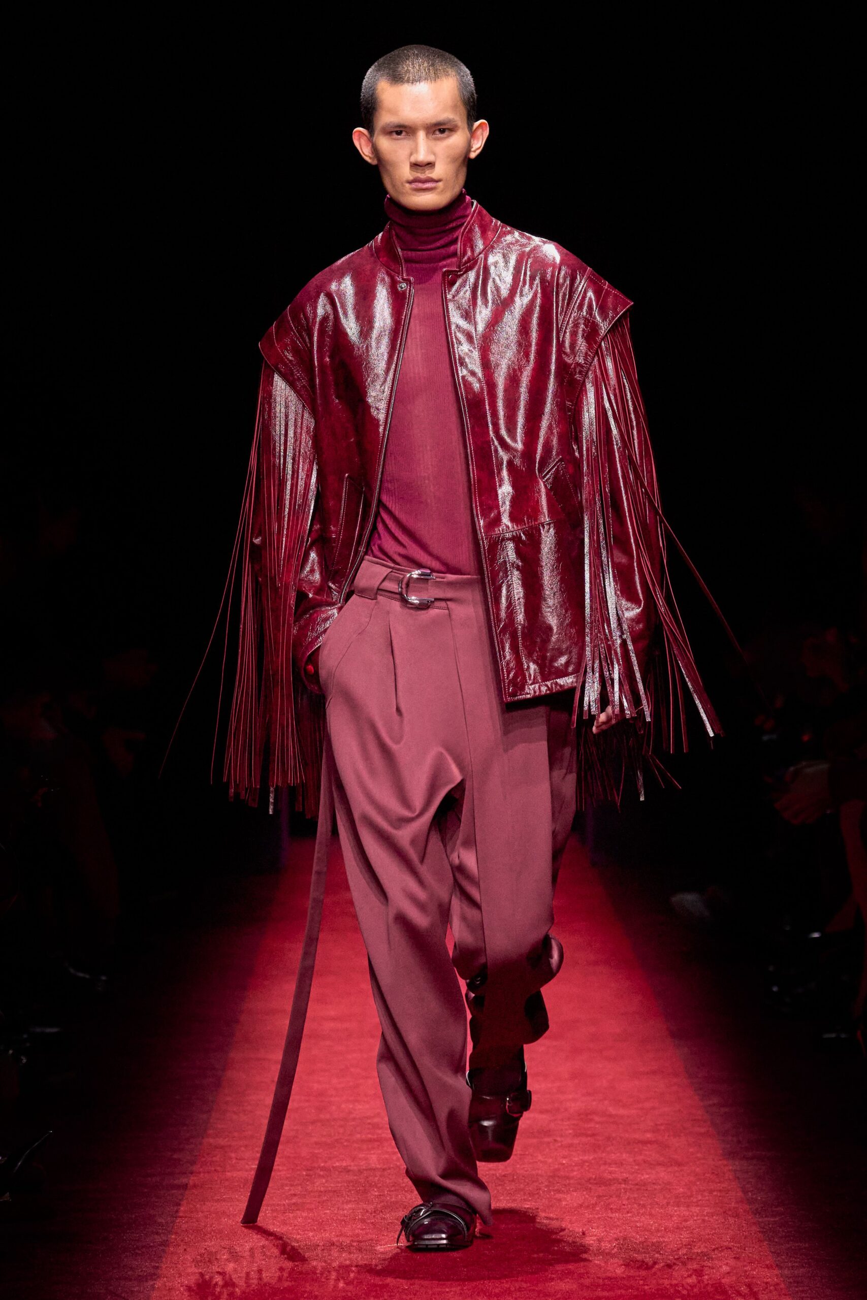 red leather long-sleeve collared fitted fringed shiny jacket
