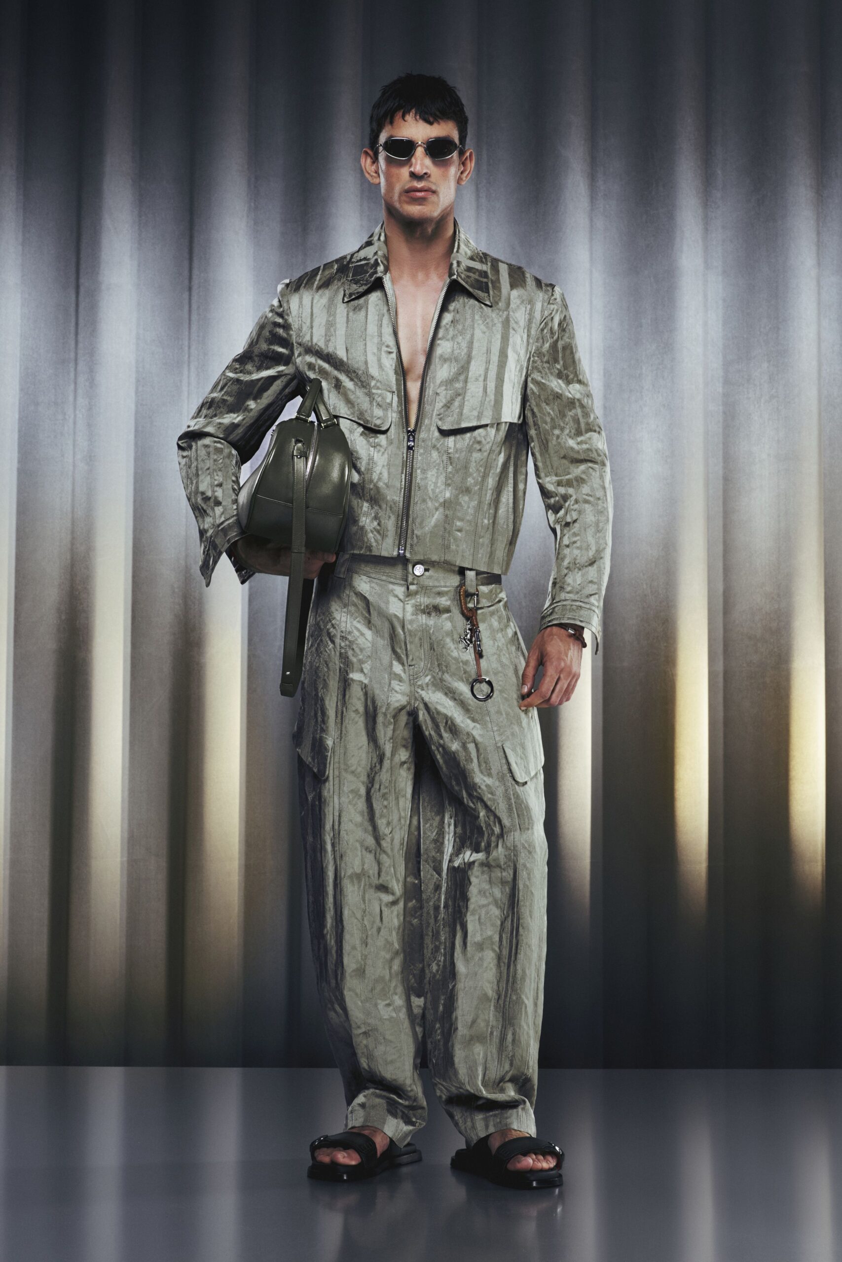 gray silk long-sleeve collared relaxed zippered pockets jumpsuit