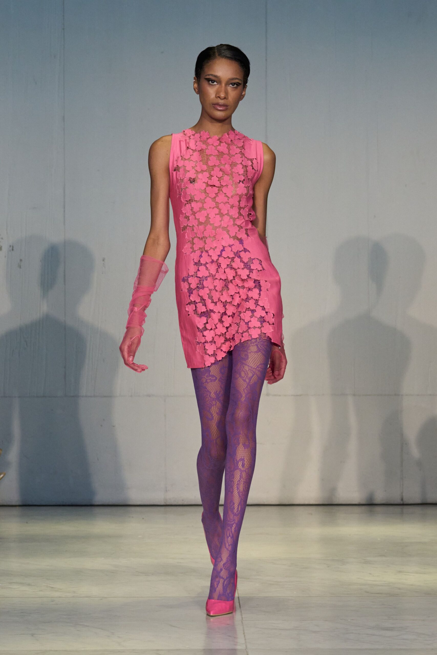 pink mini-dress with gloves