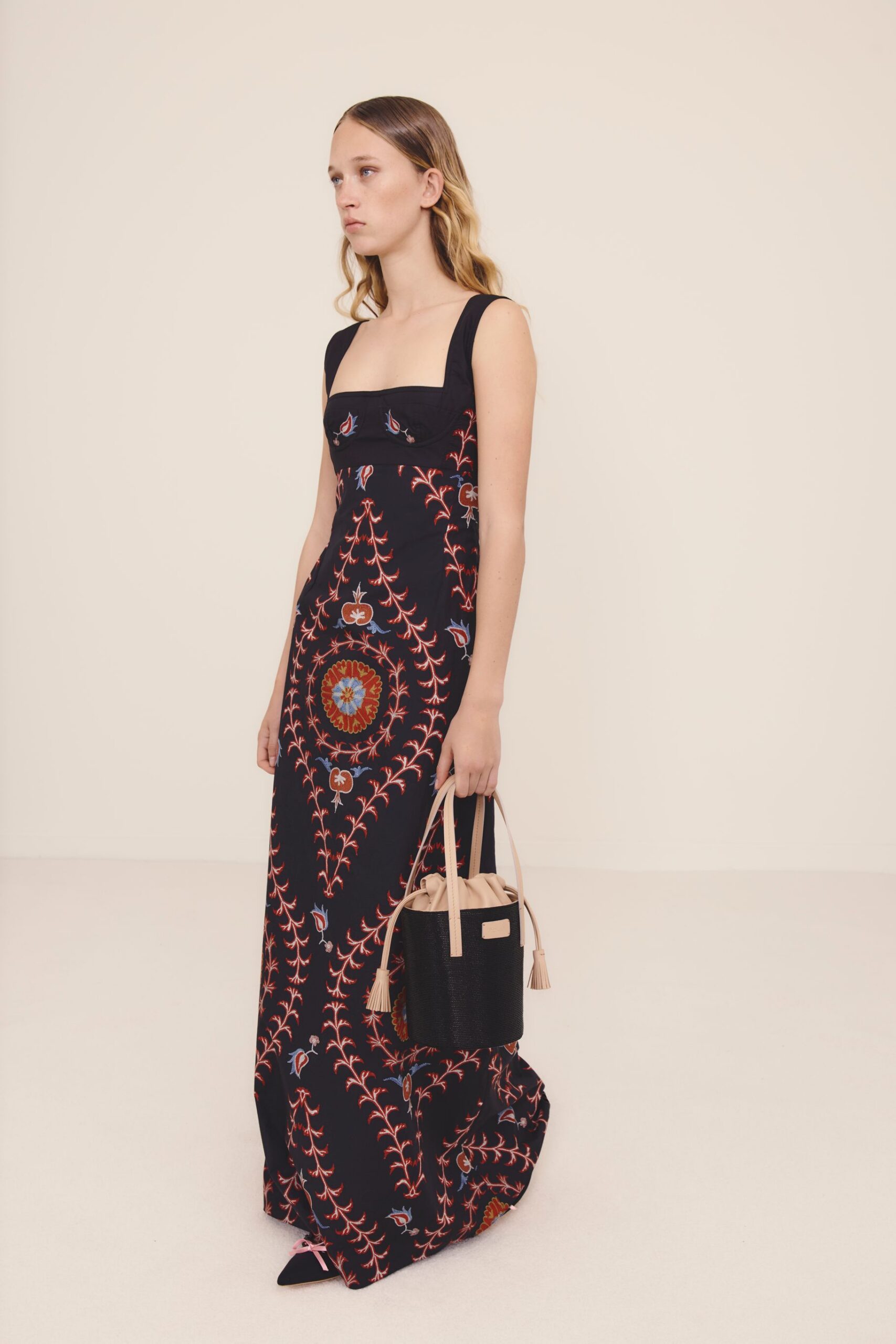 black embroidered maxi gown with bag