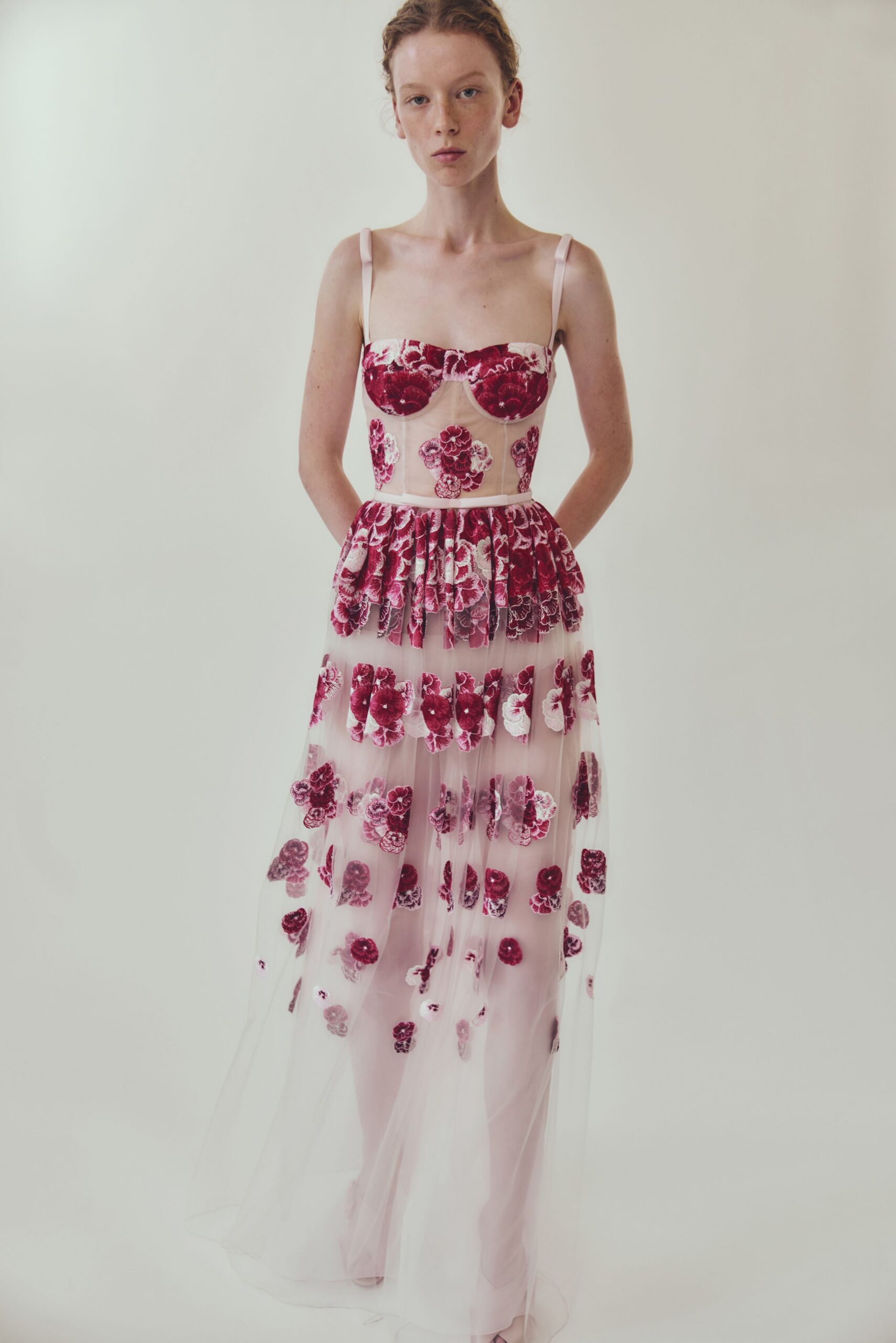 pink embroidered sheer gown