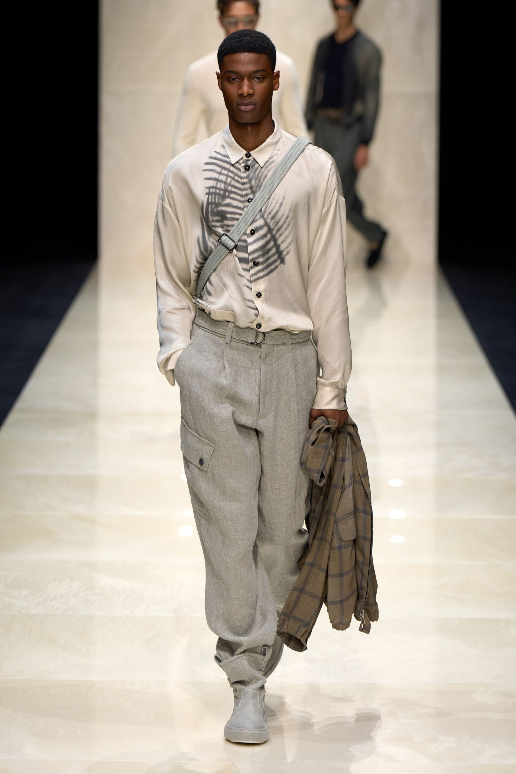 beige printed shirt gray cargo pants