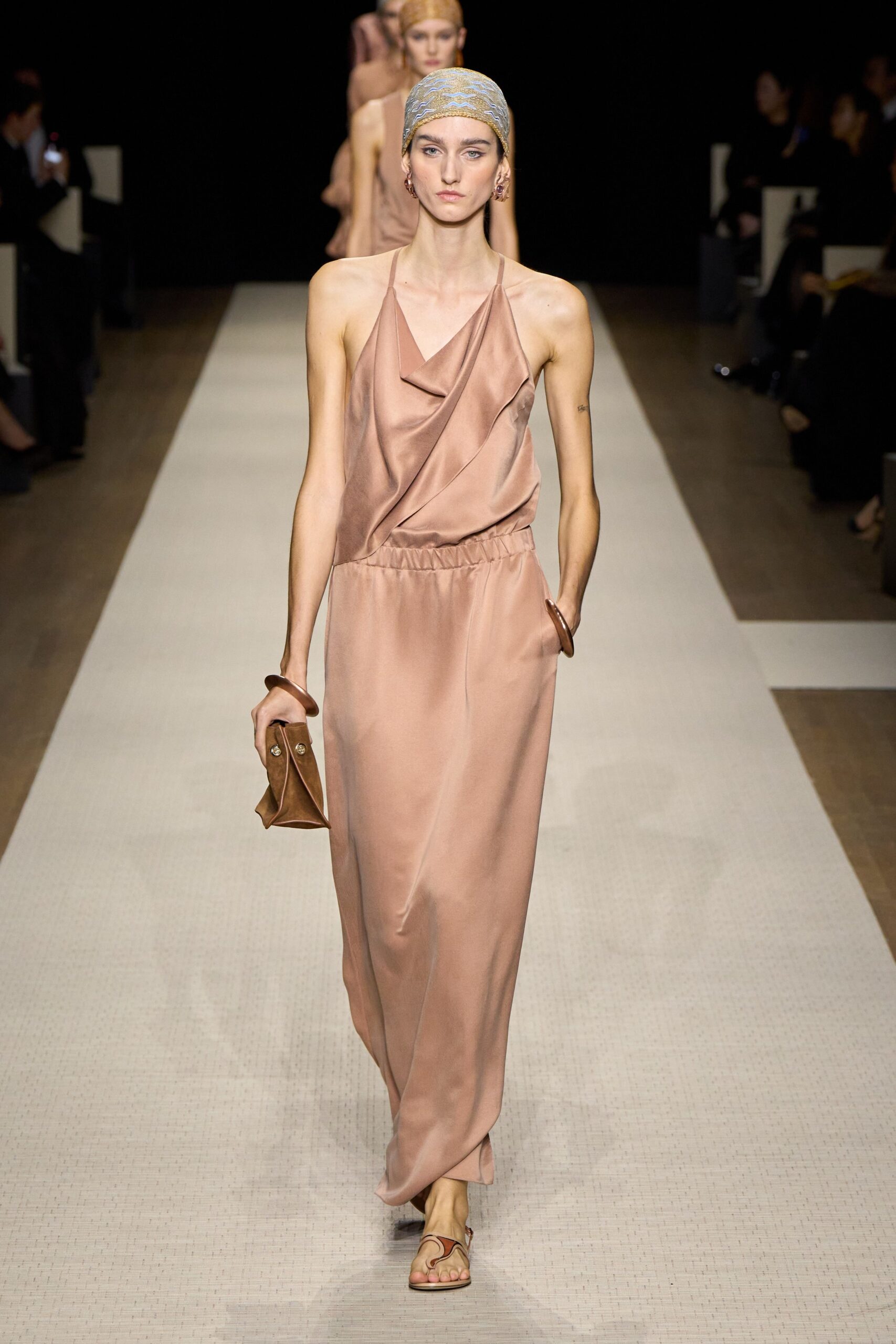 pink silk sleeveless v-neck fitted draped flowing gown